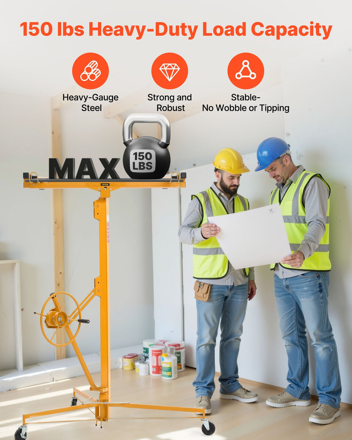 VEVOR 4877 mm Drywall Lift, Heavy-Duty 68 kg Sheetrock Hoist with Adjustable Telescoping Arm, Lockable Wheels, Drywall Lifter Panel Jack Hoist Tools Ideal for Ceiling & Wall Installation (Yellow)