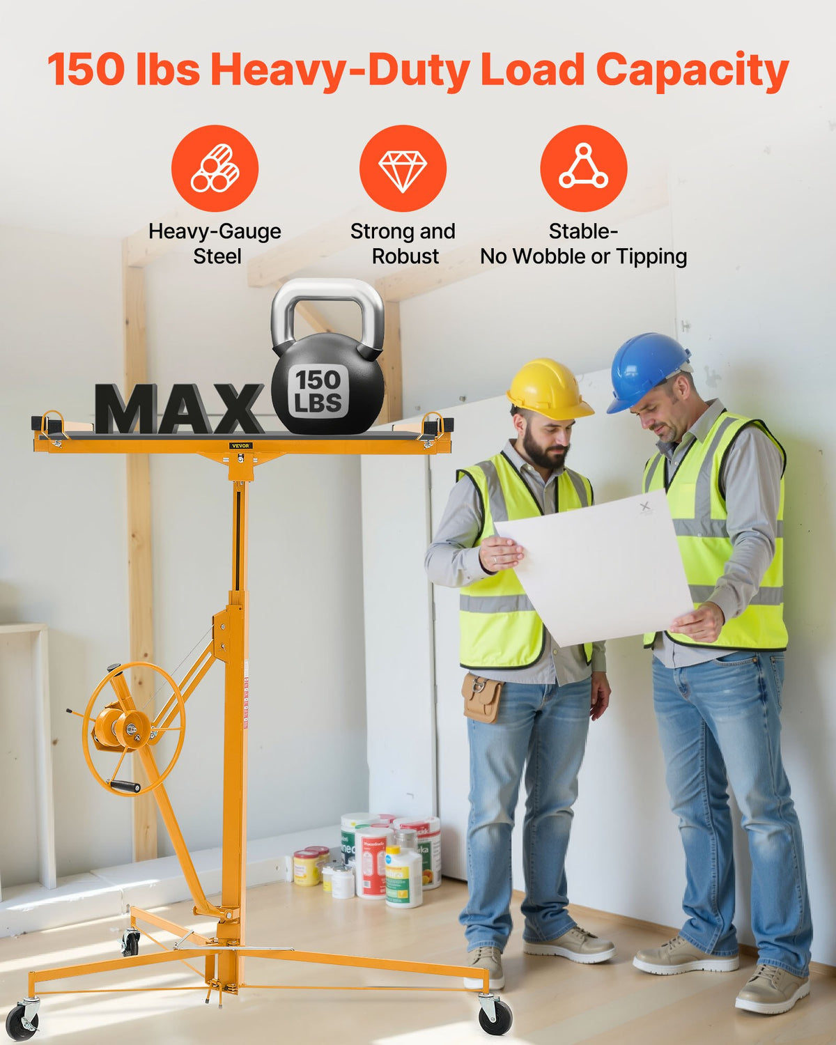 VEVOR 3353mm Drywall Lift, Heavy-Duty 68 kg Sheetrock Hoist with Adjustable Telescoping Arm, Lockable Wheels, Drywall Lifter Panel Jack Hoist Tools Ideal for Ceiling & Wall Installation (Yellow)