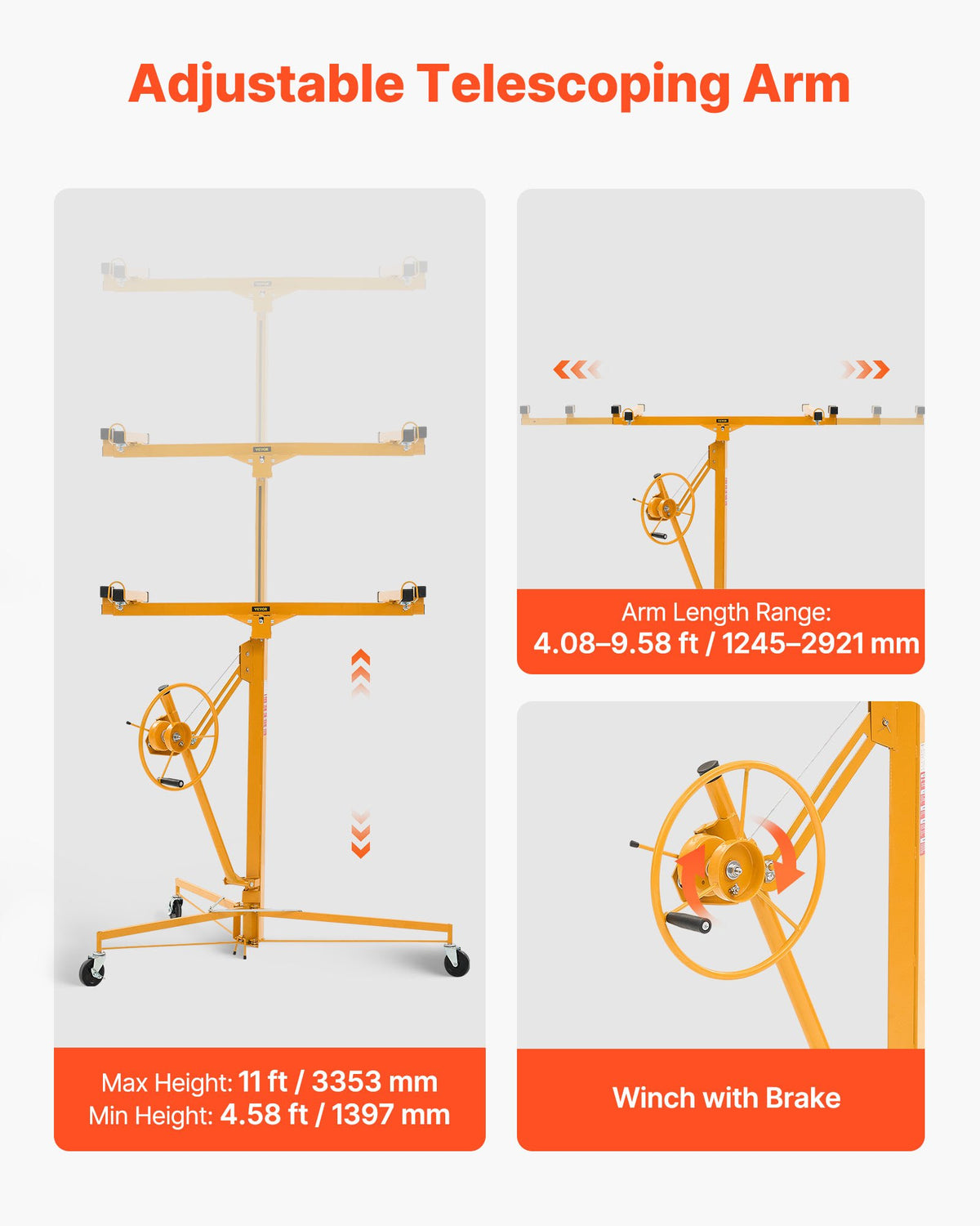 VEVOR 3353mm Drywall Lift, Heavy-Duty 68 kg Sheetrock Hoist with Adjustable Telescoping Arm, Lockable Wheels, Drywall Lifter Panel Jack Hoist Tools Ideal for Ceiling & Wall Installation (Yellow)