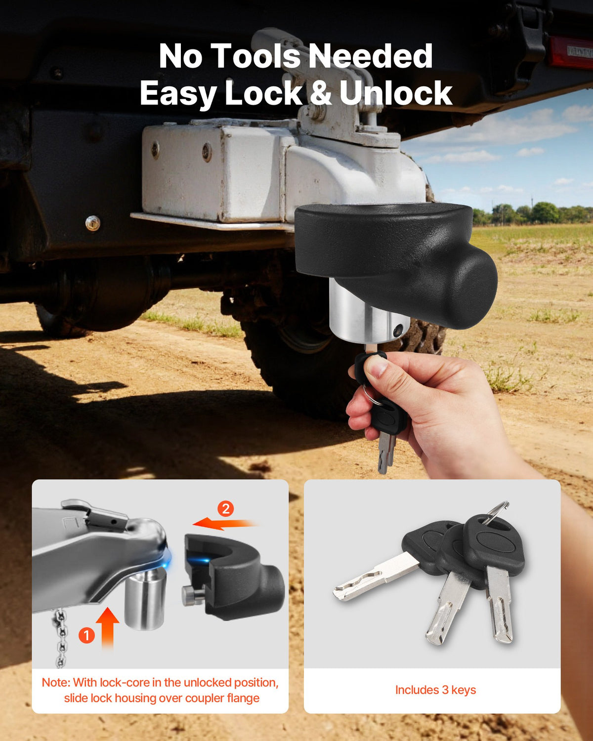 VEVOR Trailer Hitch Lock, Compatible with 58.7 mm Couplers, Heavy-Duty Anti-Theft Trailer Ball Lock with 3 Keys, Prying-Resistant & Impact-Resistant, Fits for RVs, Boats, Off-Road Vehicles, Trailers