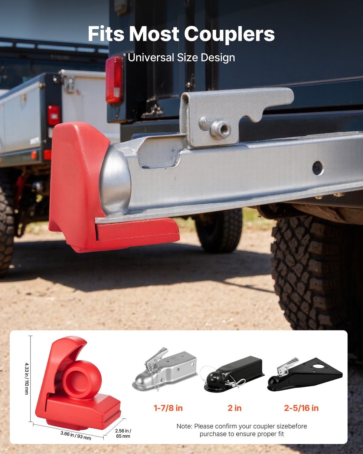 VEVOR Trailer Hitch Lock, Fits for 46 mm, 50.8 mm, 58.7 mm Couplers, Heavy-Duty Anti-Theft Trailer Ball Lock with 3 Keys, Prying-Resistant & Impact-Resistant, Fits for RVs, Boats, Trailers, Red