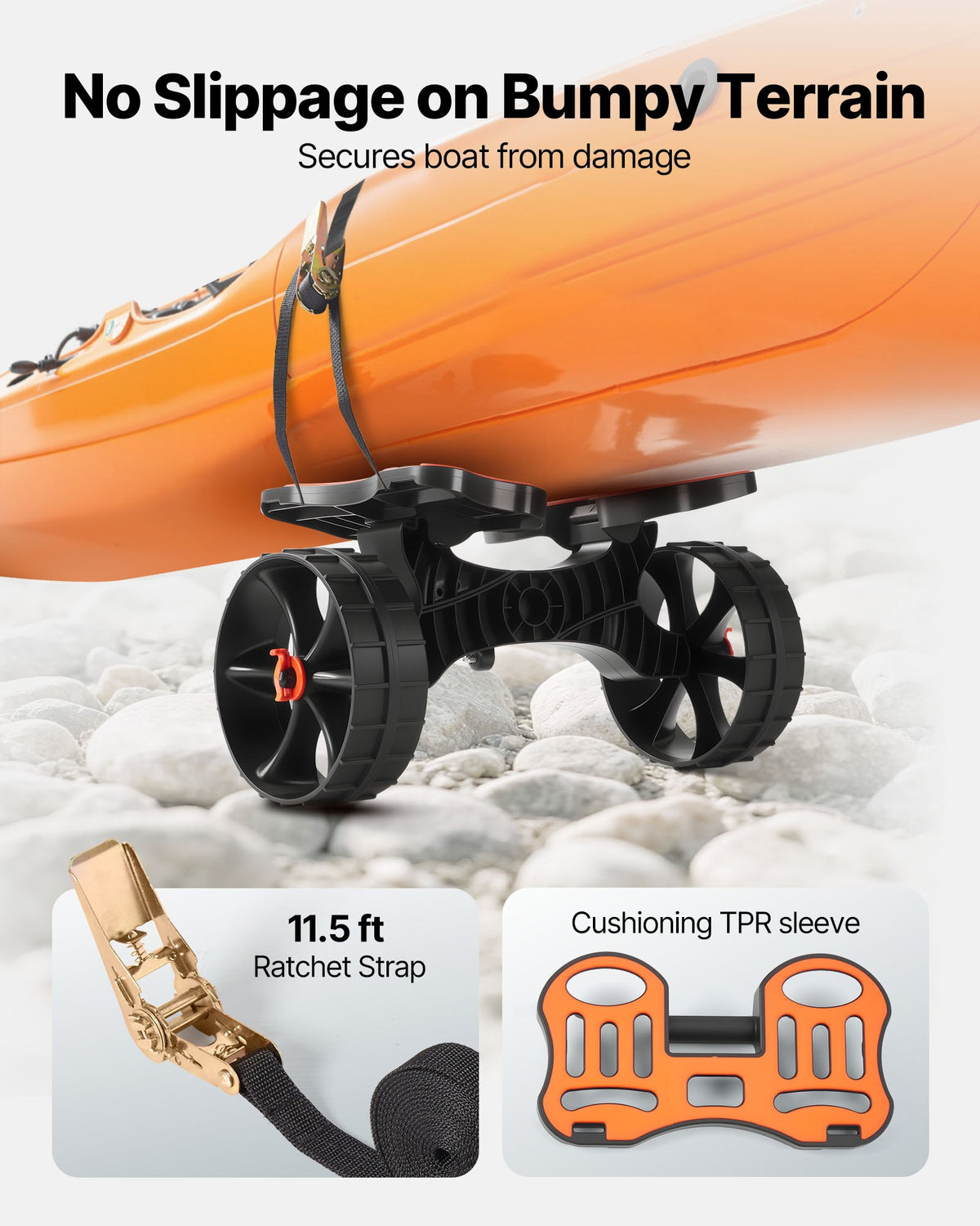 VEVOR Kayak Cart, 136.1 kg Load Capacity, Foldable Kayak Trolley with 25.4 cm Solid Rubber Tires & 1 Ratchet Strap, Paddle Board Trolley for Carrying Kayaks, Canoes, Paddleboards, Float Mats,Jon Boats