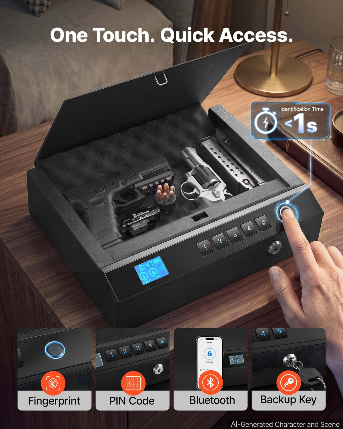 VEVOR Gun Safe for Handgun Biometric Fingerprint Pistol Safe with Bluetooth, for Storing 2 Handguns and 2 Magazines, 4-Way Quick Access, Steel Construction, with Automatic Lighting, Silent Mode, Black