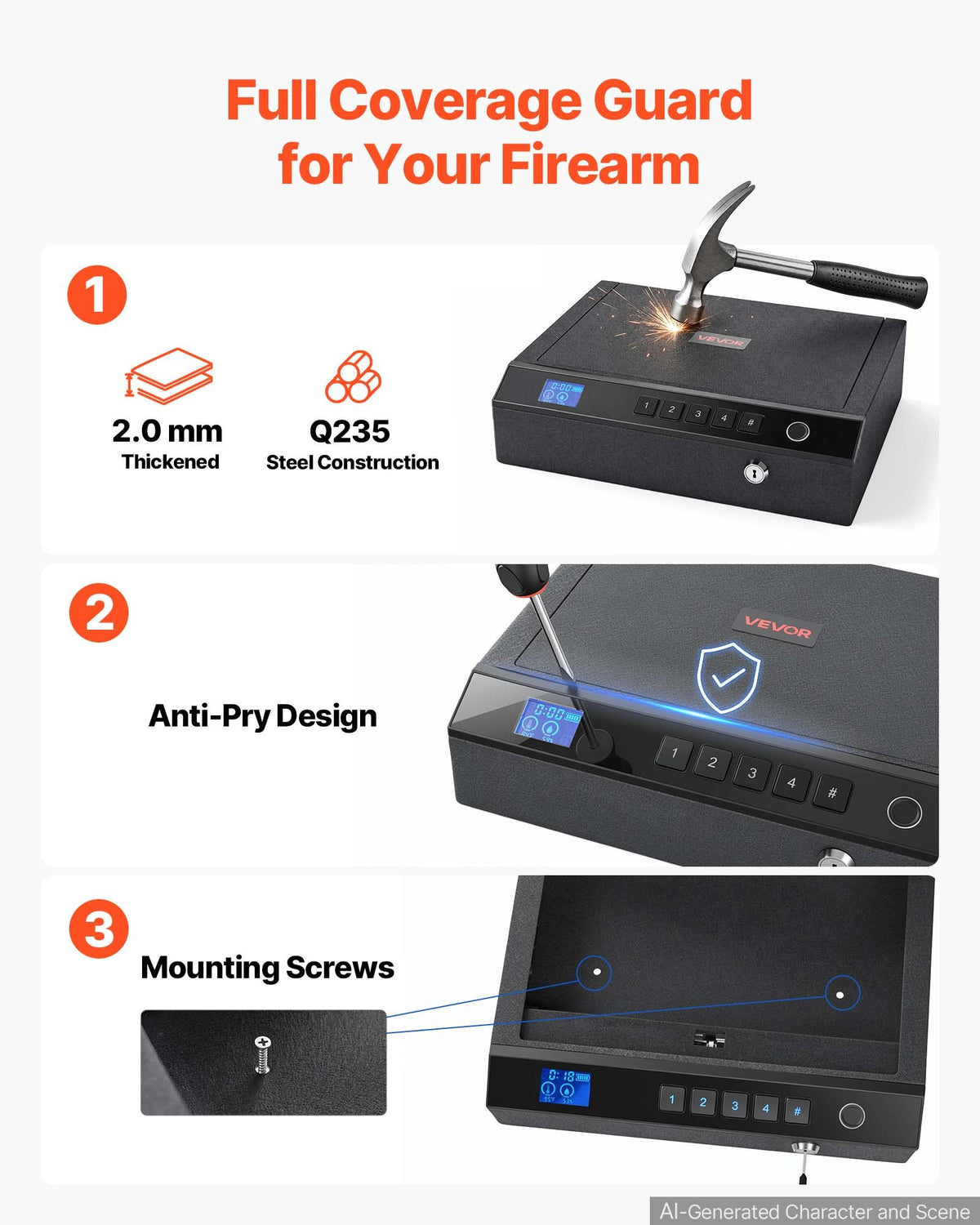 VEVOR Gun Safe for Handgun Biometric Fingerprint Pistol Safe with Bluetooth, for Storing 2 Handguns and 2 Magazines, 4-Way Quick Access, Steel Construction, with Automatic Lighting, Silent Mode, Black