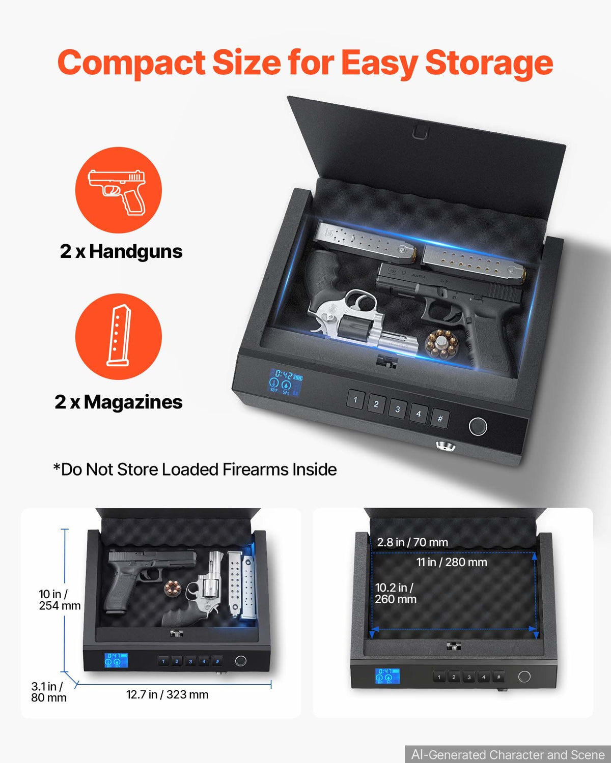 VEVOR Gun Safe for Handgun Biometric Fingerprint Pistol Safe with Bluetooth, for Storing 2 Handguns and 2 Magazines, 4-Way Quick Access, Steel Construction, with Automatic Lighting, Silent Mode, Black