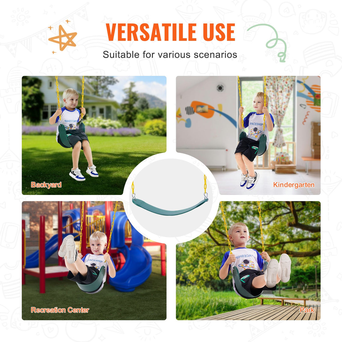 VEVOR 2-Pack Swing Seats, with 66 Inch Coated Chains and Snap Hooks, Support 300 lbs Swings Replacement for Outdoor Swing Set, Swing Set Accessories for Kids, for Outdoor and Indoor Use, Green