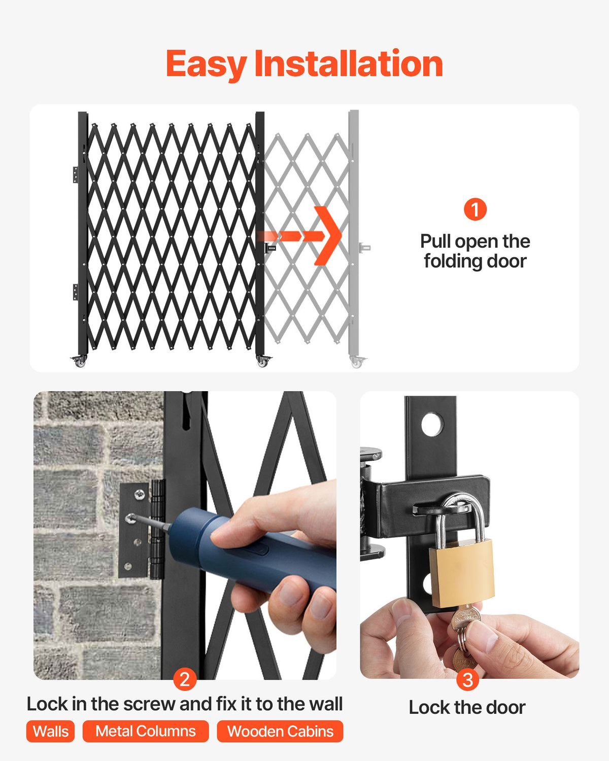 VEVOR Single Folding Security Gate, 198 cm H x 229 cm W Folding Door Gate, Steel Accordion Security Gate, Flexible Expanding Security Gate, 360° Rolling Barricade Gate, Scissor Gate/Door with Padloc
