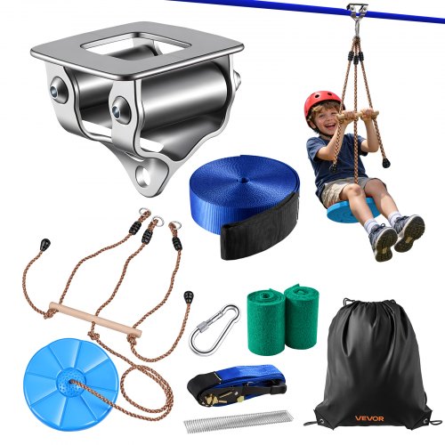 VEVOR Zipline Kit, 15.8 m, Polyester Strap, Backyard Zipline, Up to 150 kg, for Backyard Play, Durable Zipline for Kids with Ratchet Tensioner, Swing Seat & 3-in-1 Setup, Ages 6-16, Not for Adults