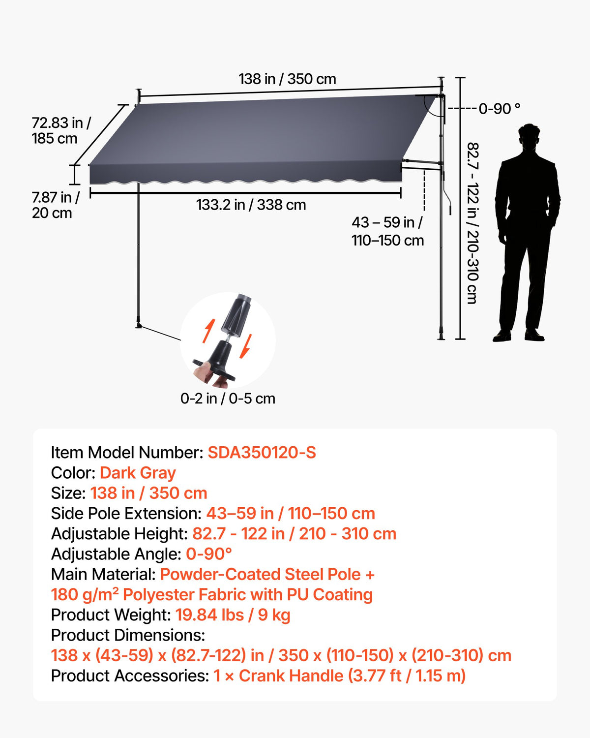 VEVOR Manual Retractable Awning, 350 cm Outdoor Retractable Patio Awning Sunshade Shelter, Height Adjustable Patio Door Window Canopy with Manual Crank Handle for Backyard, Garden, Balcony, Dark Gray