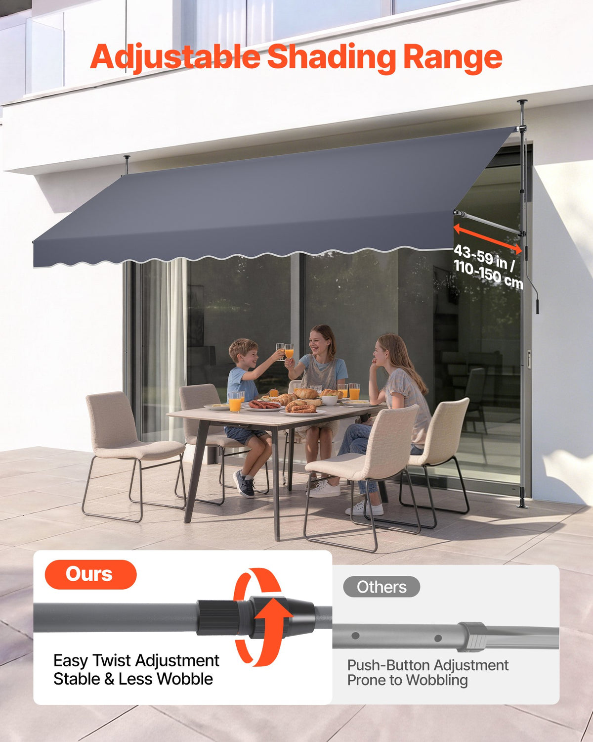 VEVOR Manual Retractable Awning, 350 cm Outdoor Retractable Patio Awning Sunshade Shelter, Height Adjustable Patio Door Window Canopy with Manual Crank Handle for Backyard, Garden, Balcony, Dark Gray