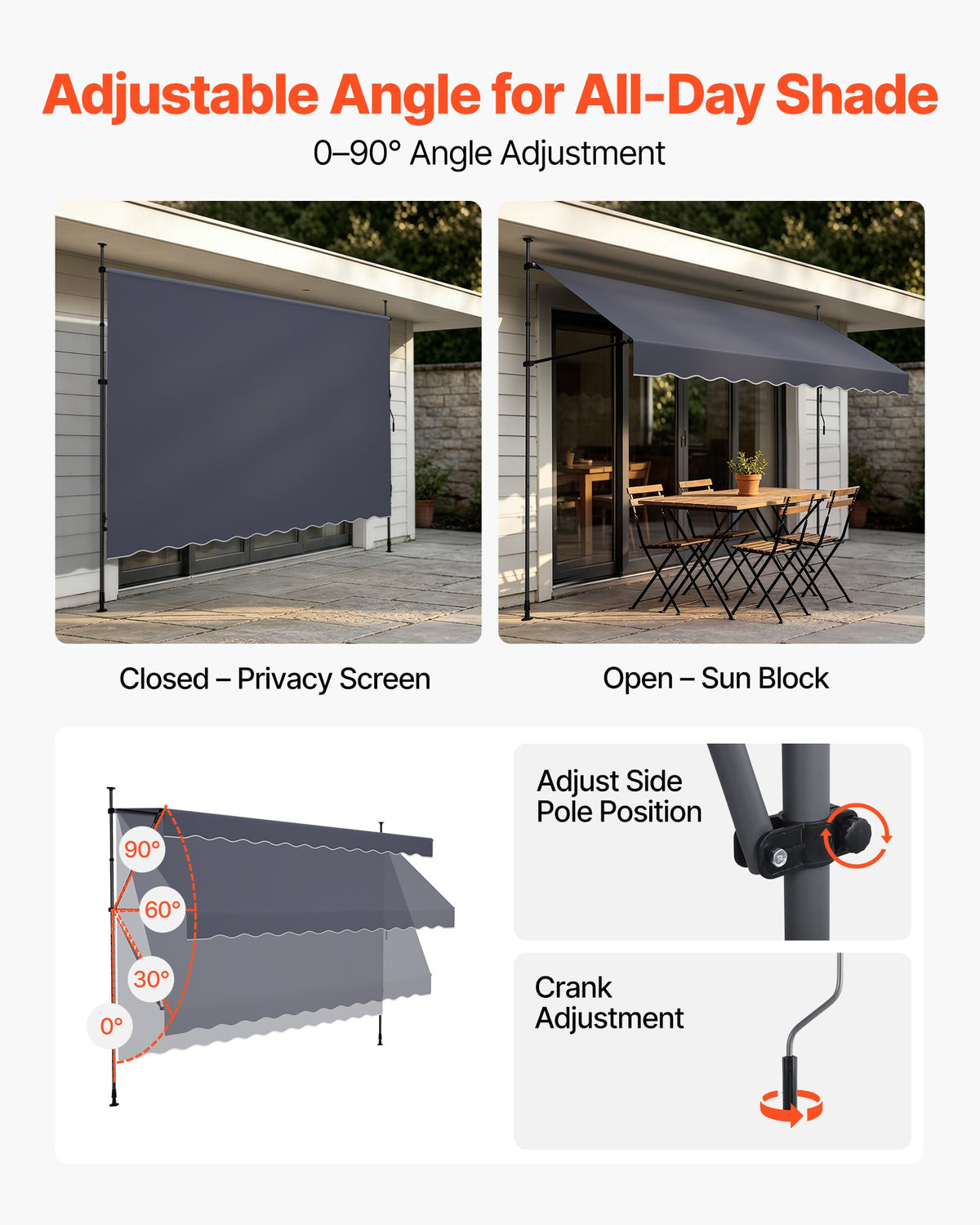 VEVOR Manual Retractable Awning, 350 cm Outdoor Retractable Patio Awning Sunshade Shelter, Height Adjustable Patio Door Window Canopy with Manual Crank Handle for Backyard, Garden, Balcony, Dark Gray