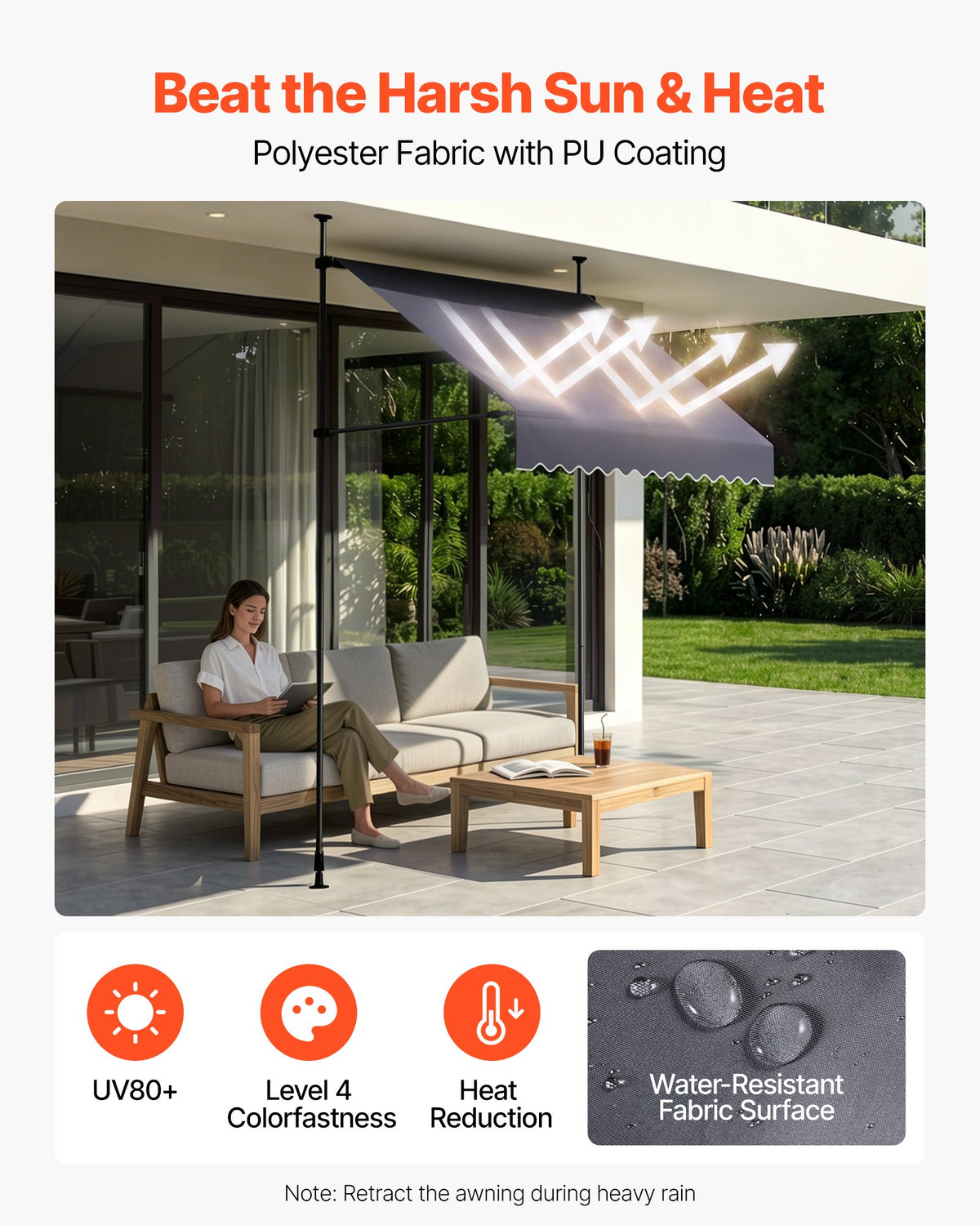 VEVOR Manual Retractable Awning, 150 cm Outdoor Retractable Patio Awning Sunshade Shelter, Height Adjustable Patio Door Window Canopy with Manual Crank Handle for Backyard, Garden, Balcony, Dark Gray