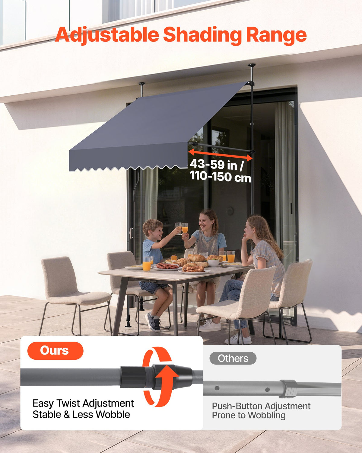 VEVOR Manual Retractable Awning, 150 cm Outdoor Retractable Patio Awning Sunshade Shelter, Height Adjustable Patio Door Window Canopy with Manual Crank Handle for Backyard, Garden, Balcony, Dark Gray