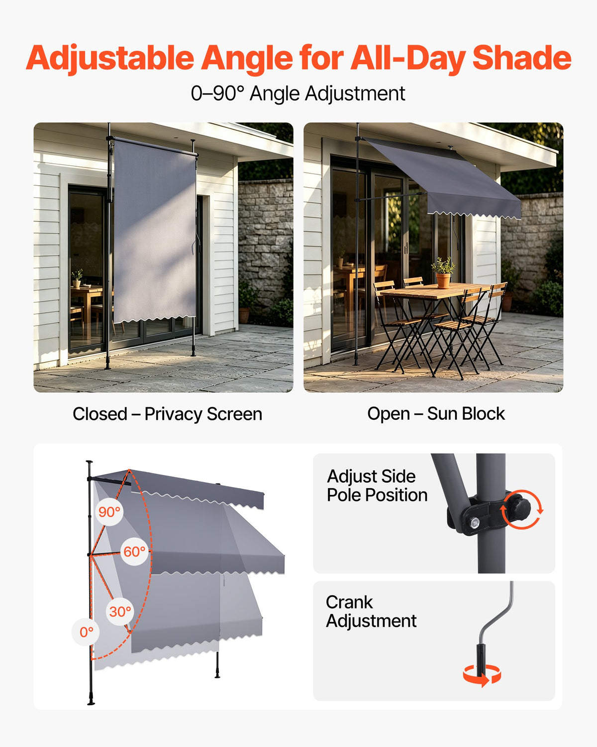 VEVOR Manual Retractable Awning, 150 cm Outdoor Retractable Patio Awning Sunshade Shelter, Height Adjustable Patio Door Window Canopy with Manual Crank Handle for Backyard, Garden, Balcony, Dark Gray