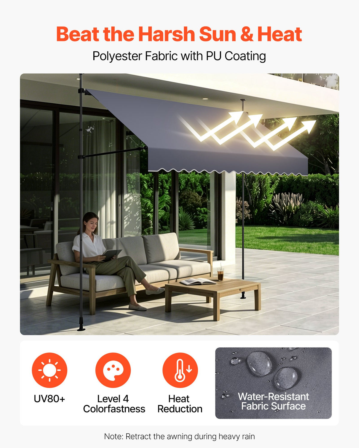 VEVOR Manual Retractable Awning, 250 cm Outdoor Retractable Patio Awning Sunshade Shelter, Height Adjustable Patio Door Window Canopy with Manual Crank Handle for Backyard, Garden, Balcony, Dark Gray