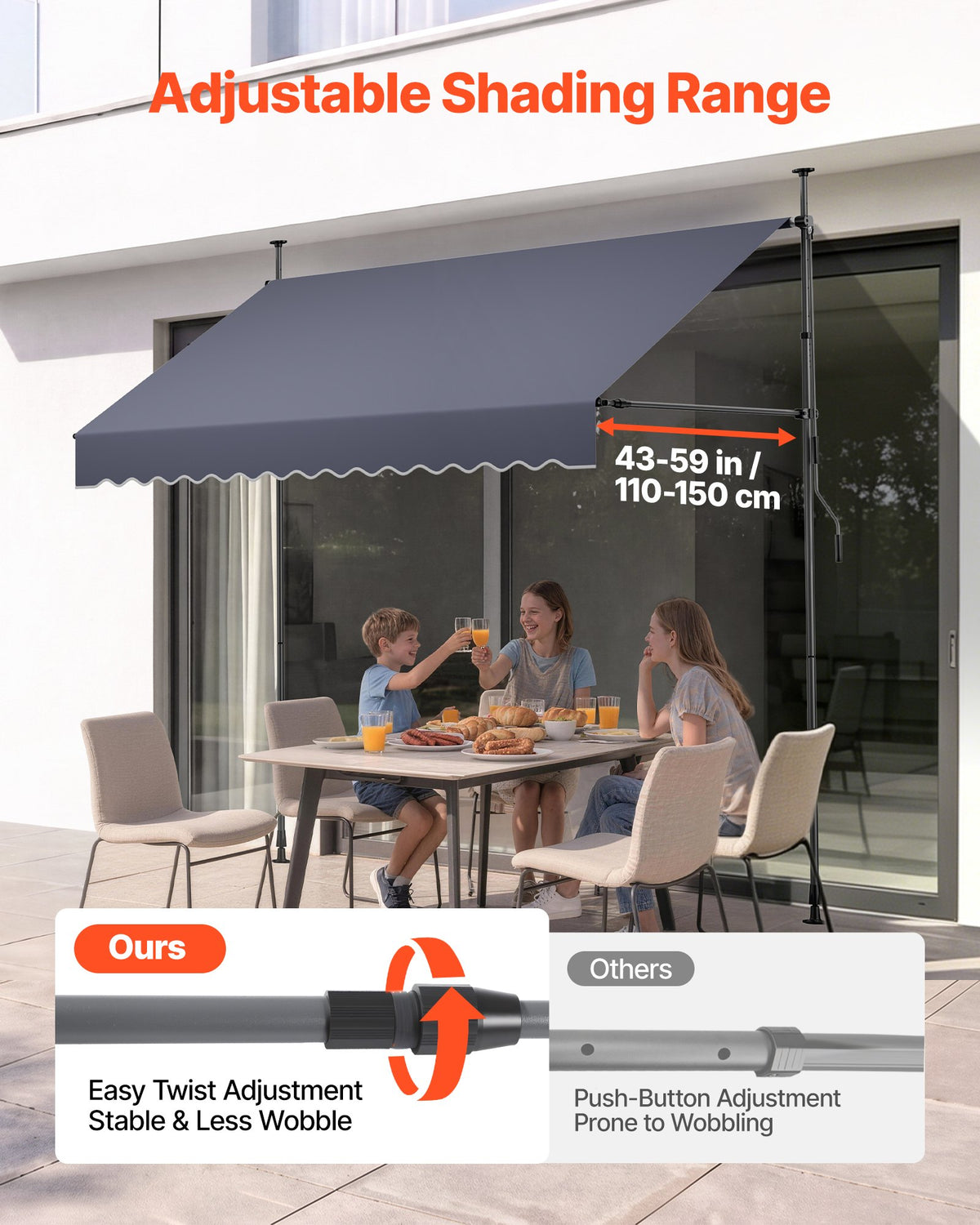 VEVOR Manual Retractable Awning, 250 cm Outdoor Retractable Patio Awning Sunshade Shelter, Height Adjustable Patio Door Window Canopy with Manual Crank Handle for Backyard, Garden, Balcony, Dark Gray
