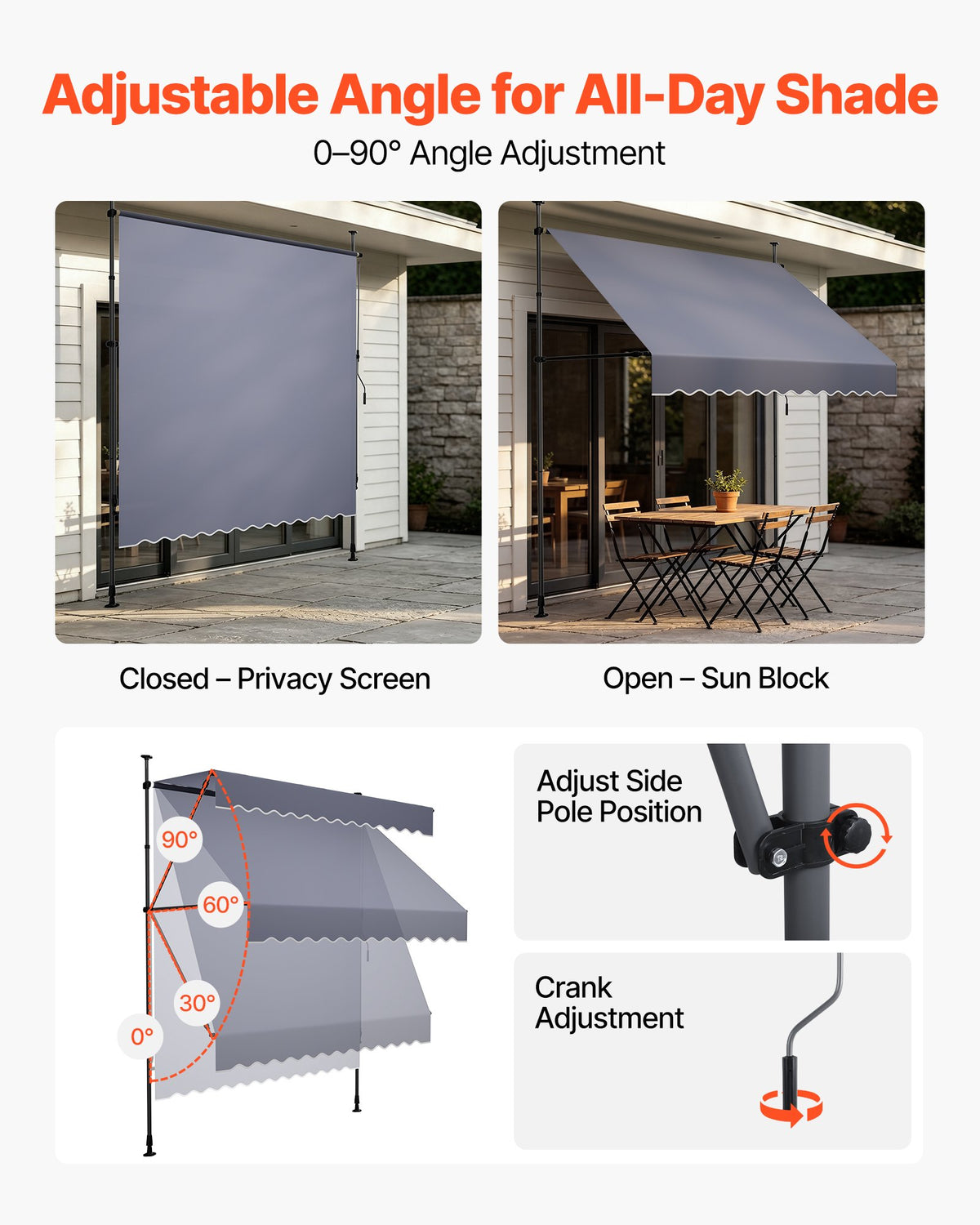 VEVOR Manual Retractable Awning, 250 cm Outdoor Retractable Patio Awning Sunshade Shelter, Height Adjustable Patio Door Window Canopy with Manual Crank Handle for Backyard, Garden, Balcony, Dark Gray