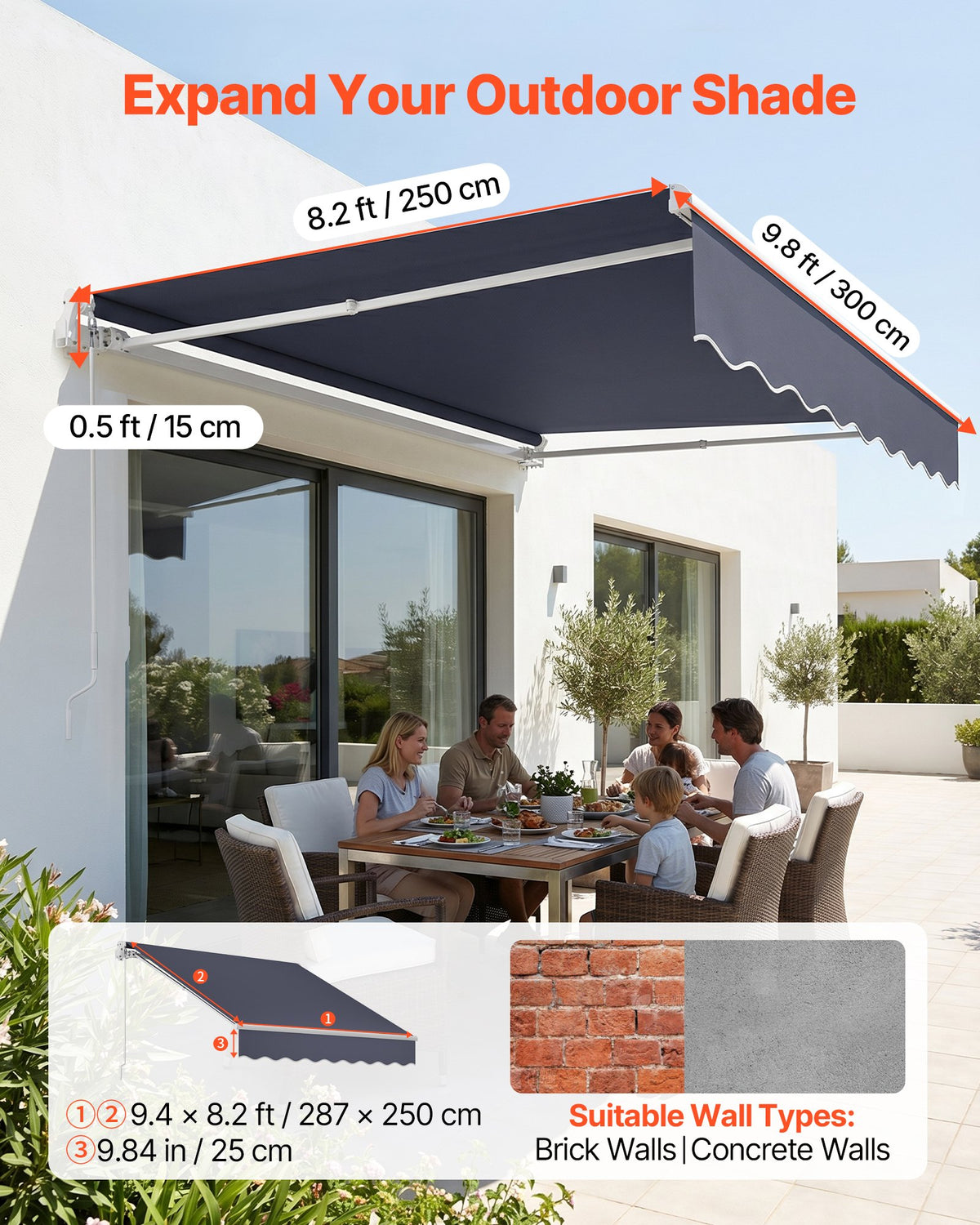 VEVOR Manual Retractable Awning, 300 x 250 cm Outdoor Patio Awning Retractable Sun Shade, Patio Door Window Water-Resistant Polyester Sunshade Shelter with Crank Handle for Deck, Balcony, Yard, Gray