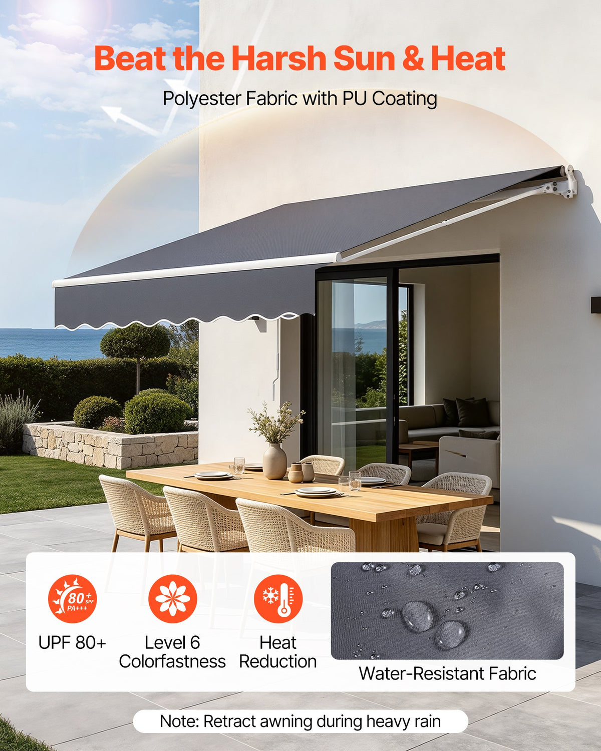 VEVOR Manual Retractable Awning, 300 x 250 cm Outdoor Patio Awning Retractable Sun Shade, Patio Door Window Water-Resistant Polyester Sunshade Shelter with Crank Handle for Deck, Balcony, Yard, Gray