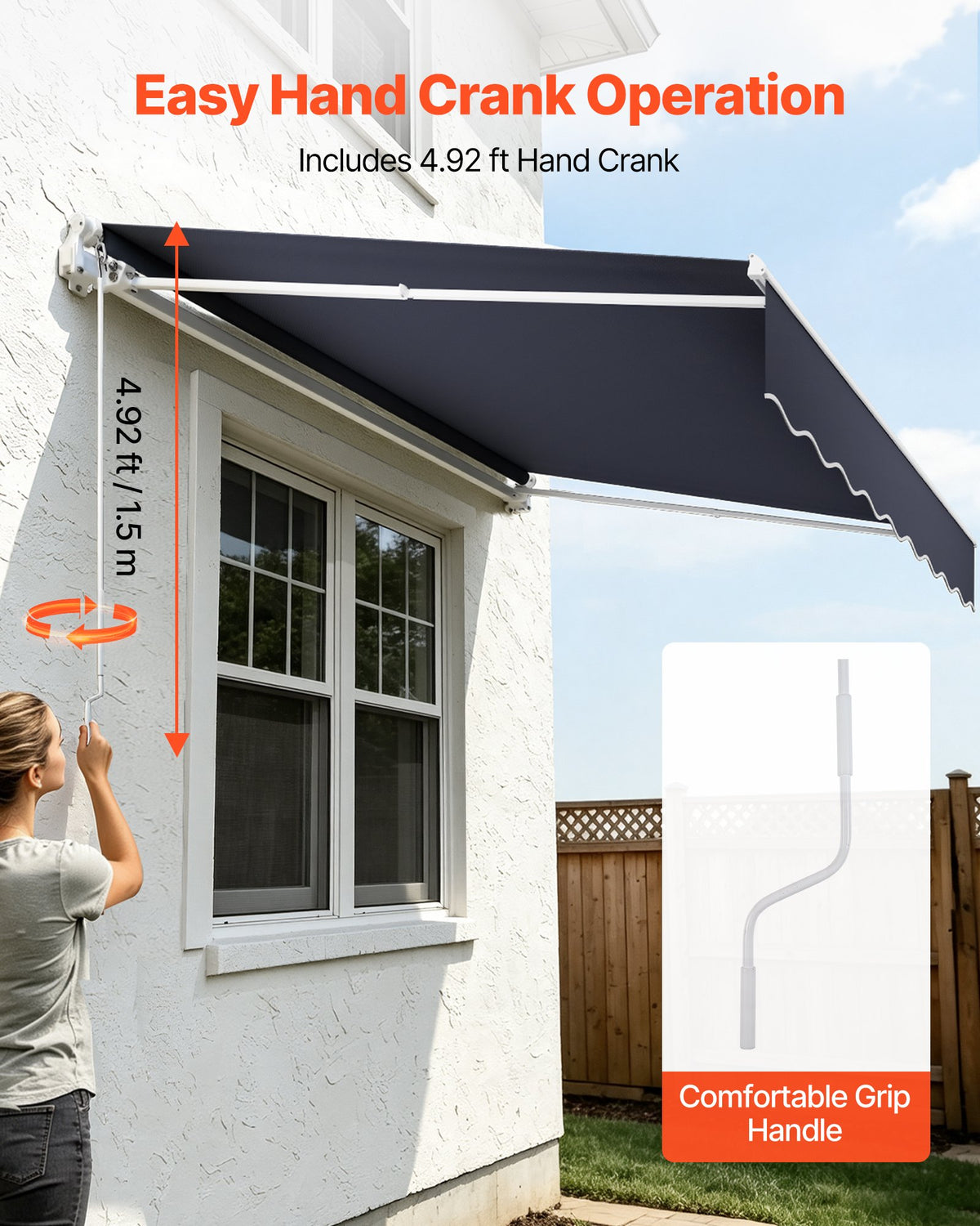 VEVOR Manual Retractable Awning, 300 x 250 cm Outdoor Patio Awning Retractable Sun Shade, Patio Door Window Water-Resistant Polyester Sunshade Shelter with Crank Handle for Deck, Balcony, Yard, Gray