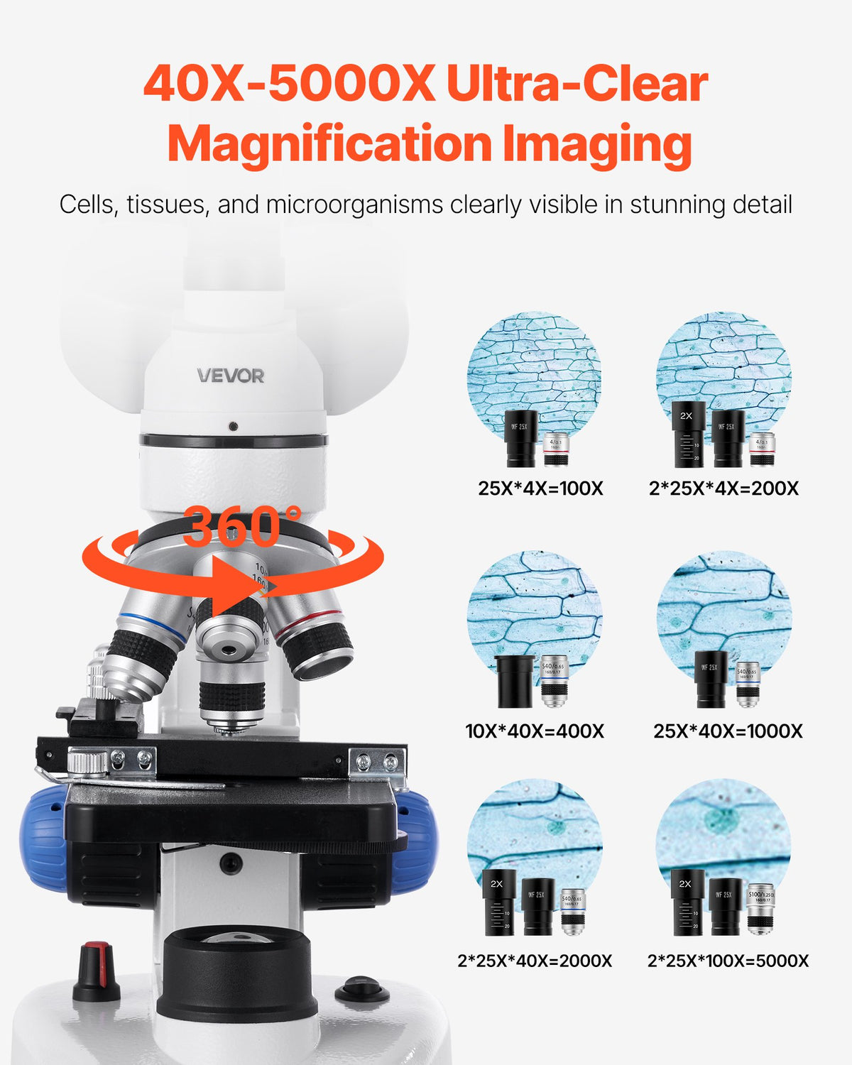 VEVOR Trinocular Microscope for Adult, Professional Compound Microscope Kit with 40-5000X Magnification, Aluminum Alloy Body, Includes LED Light and Phone Holder, for Lab, School, Home, Education