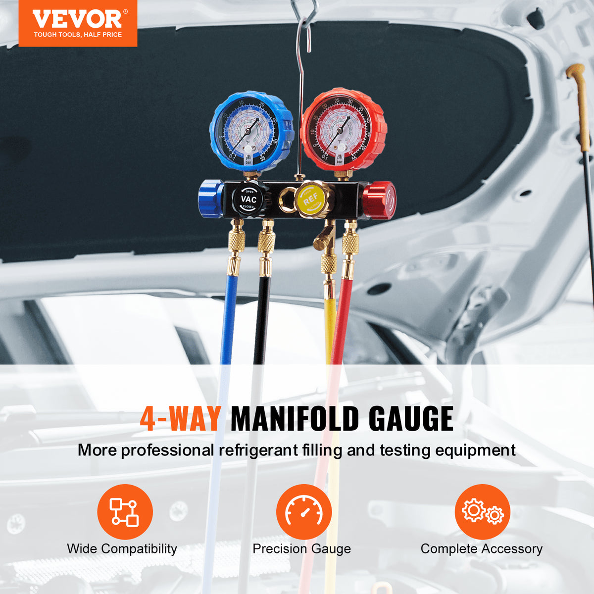 VEVOR 4 Way AC Gauge - AC Manifold Gauge Set for R134A R22 R12 R410A Refrigerant, Freon Gauges with 152.4 cm Hoses, Couplers, Can Tap Works on Car Auto Freon Charging and Evacuation