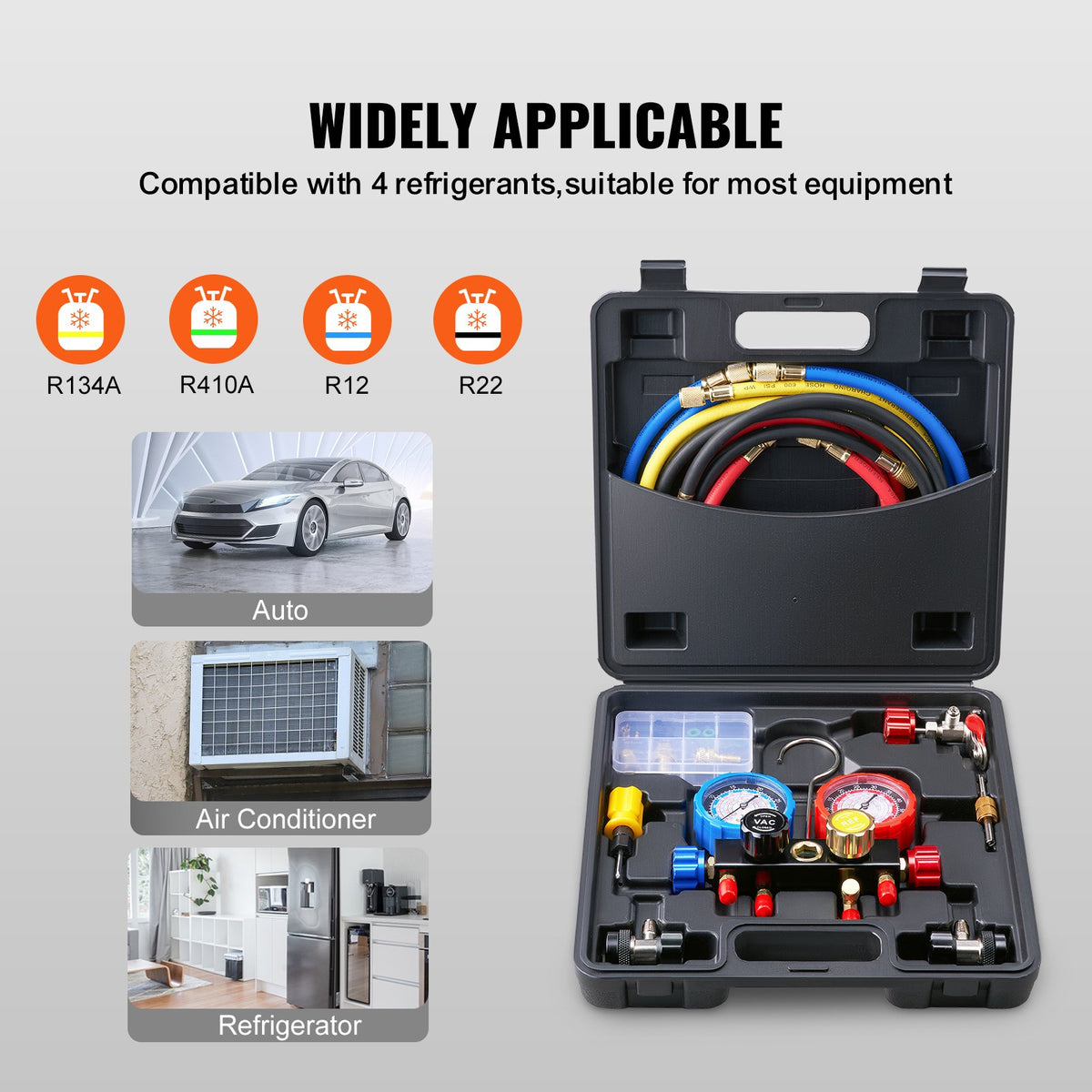 VEVOR 4 Way AC Gauge - AC Manifold Gauge Set for R134A R22 R12 R410A Refrigerant, Freon Gauges with 152.4 cm Hoses, Couplers, Can Tap Works on Car Auto Freon Charging and Evacuation