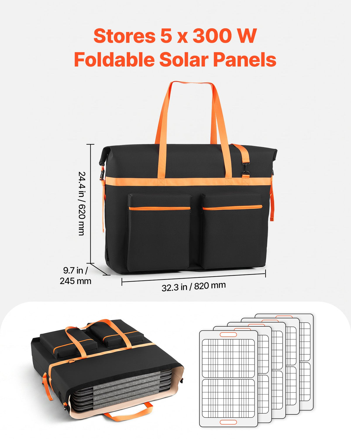 VEVOR Solar Panel Storage Bag for 5 x 300W Foldable Solar Panels, Waterproof Faraday + Nylon Solar Panel Carrying Bag with Signal Blocking, Lightweight Portable for Outdoor Camping, RV Travel