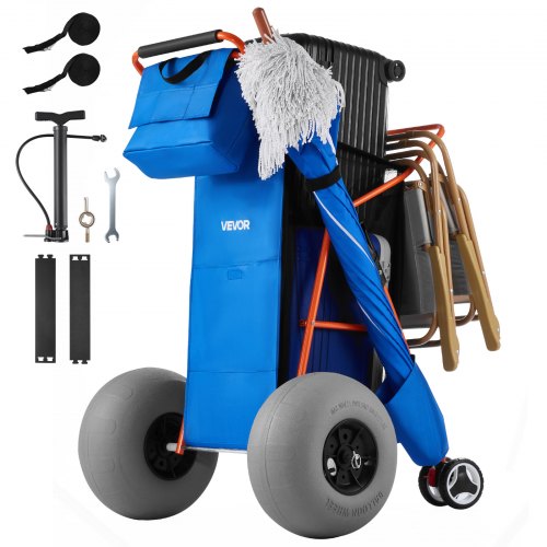 VEVOR Beach Cart with Large Wheels for Sand, 75 kg Load Capacity, Heavy Duty Folding Beach Wagon with 320 mm Balloon Wheels, Insulated Cooler Bag, Umbrella Holder, Holds 4 Chairs for Camping & Fishing