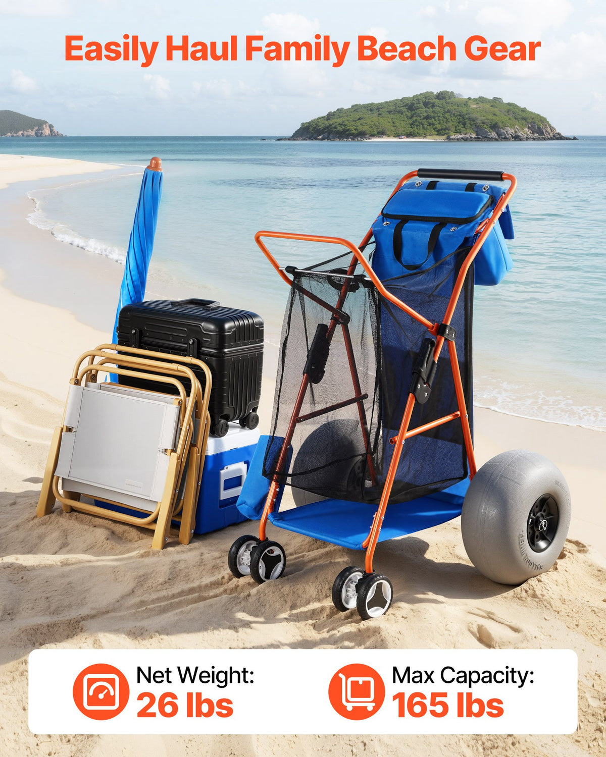 VEVOR Beach Cart with Large Wheels for Sand, 75 kg Load Capacity, Heavy Duty Folding Beach Wagon with 320 mm Balloon Wheels, Insulated Cooler Bag, Umbrella Holder, Holds 4 Chairs for Camping & Fishing