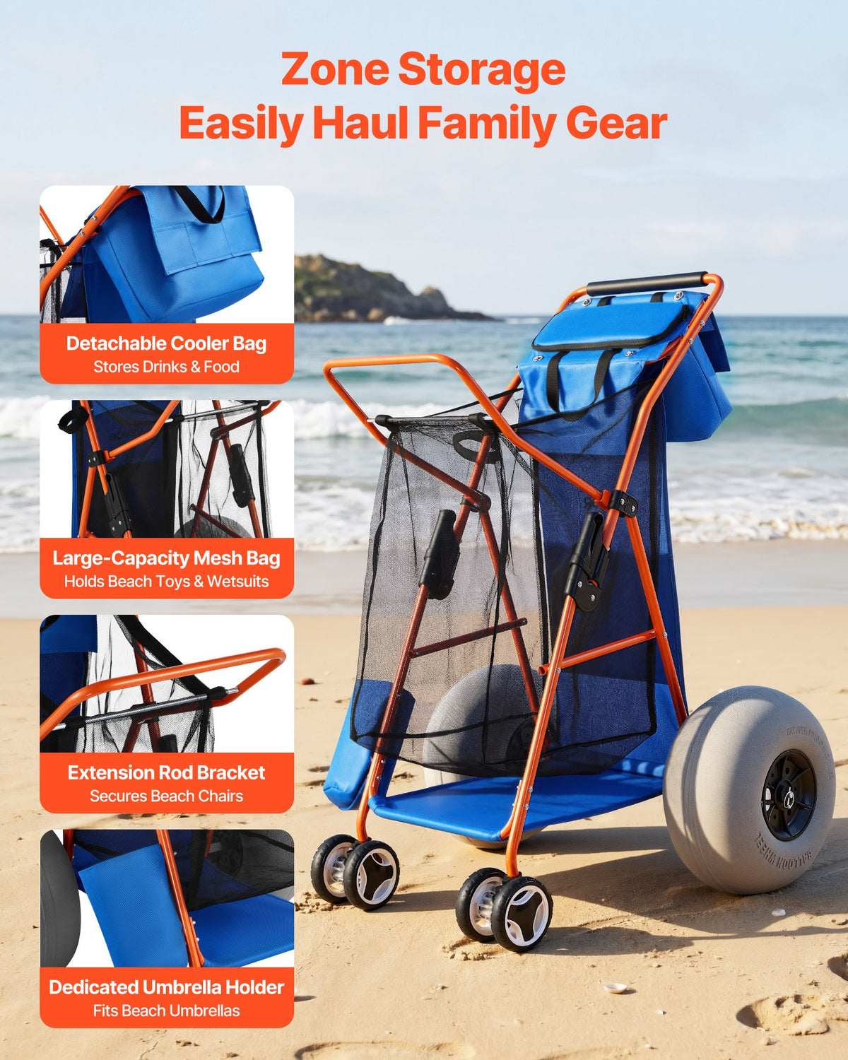 VEVOR Beach Cart with Large Wheels for Sand, 75 kg Load Capacity, Heavy Duty Folding Beach Wagon with 320 mm Balloon Wheels, Insulated Cooler Bag, Umbrella Holder, Holds 4 Chairs for Camping & Fishing