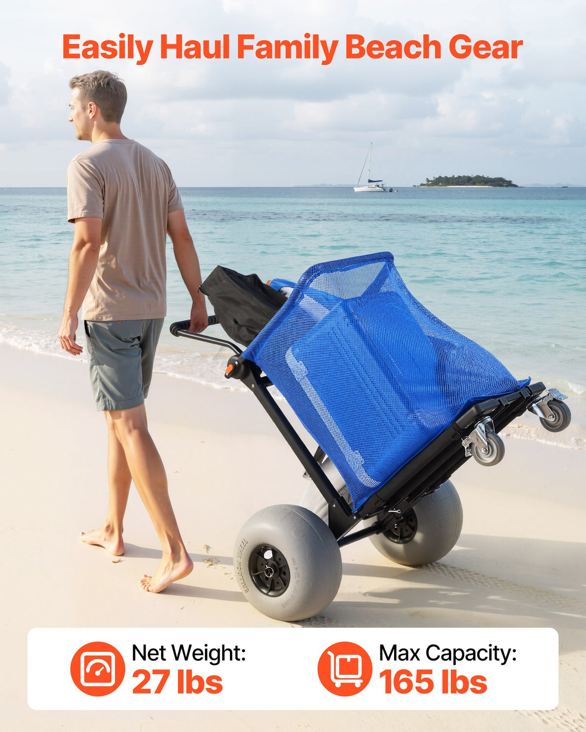 VEVOR Beach Cart with Large Wheels for Sand, 75 kg Load Capacity, Heavy Duty Folding Beach Wagon with 320 mm Balloon Wheels, Storage Bag, 180° Adjustable Handlebar, Dolly for Camping Fishing Garden