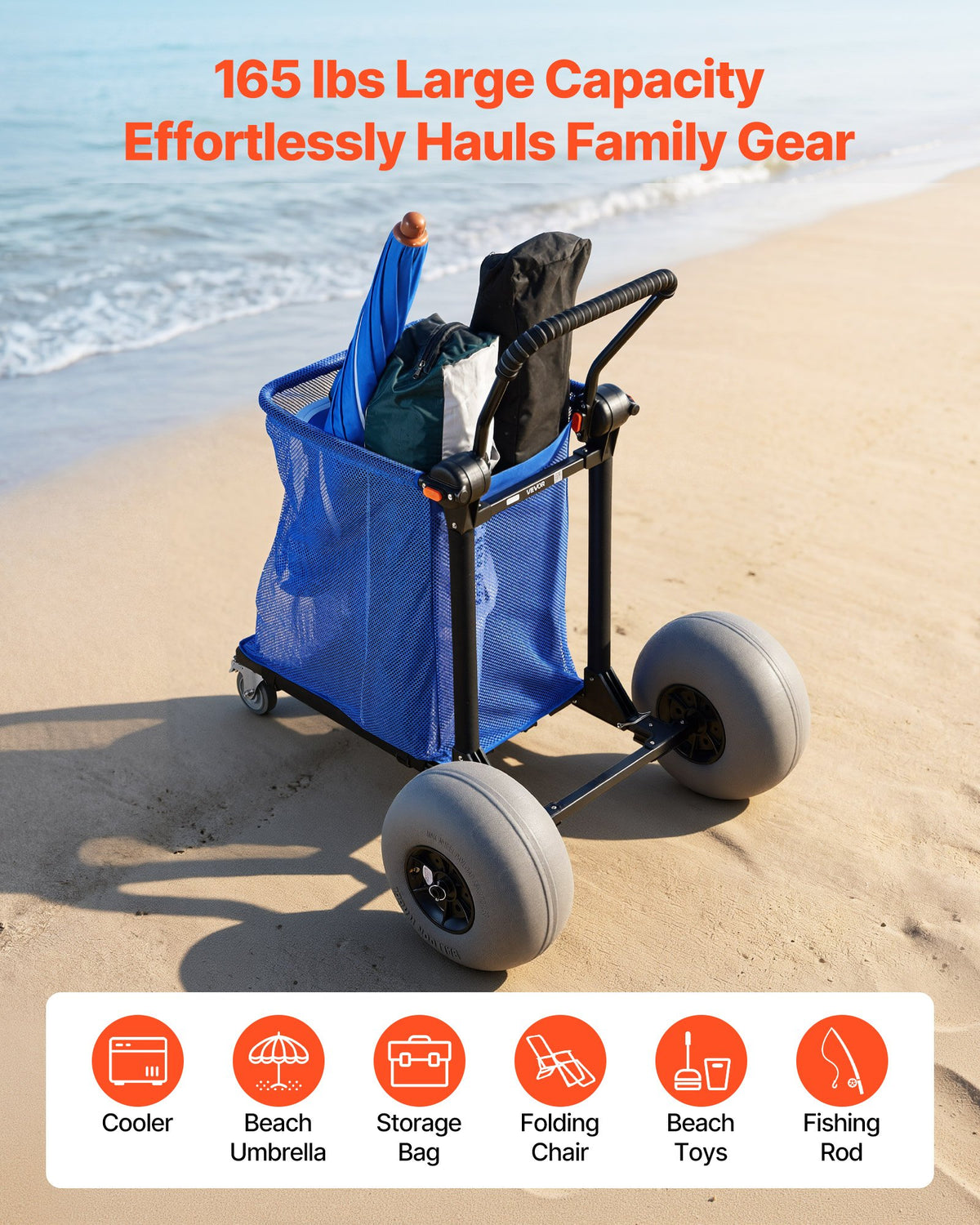 VEVOR Beach Cart with Large Wheels for Sand, 75 kg Load Capacity, Heavy Duty Folding Beach Wagon with 320 mm Balloon Wheels, Storage Bag, 180° Adjustable Handlebar, Dolly for Camping Fishing Garden