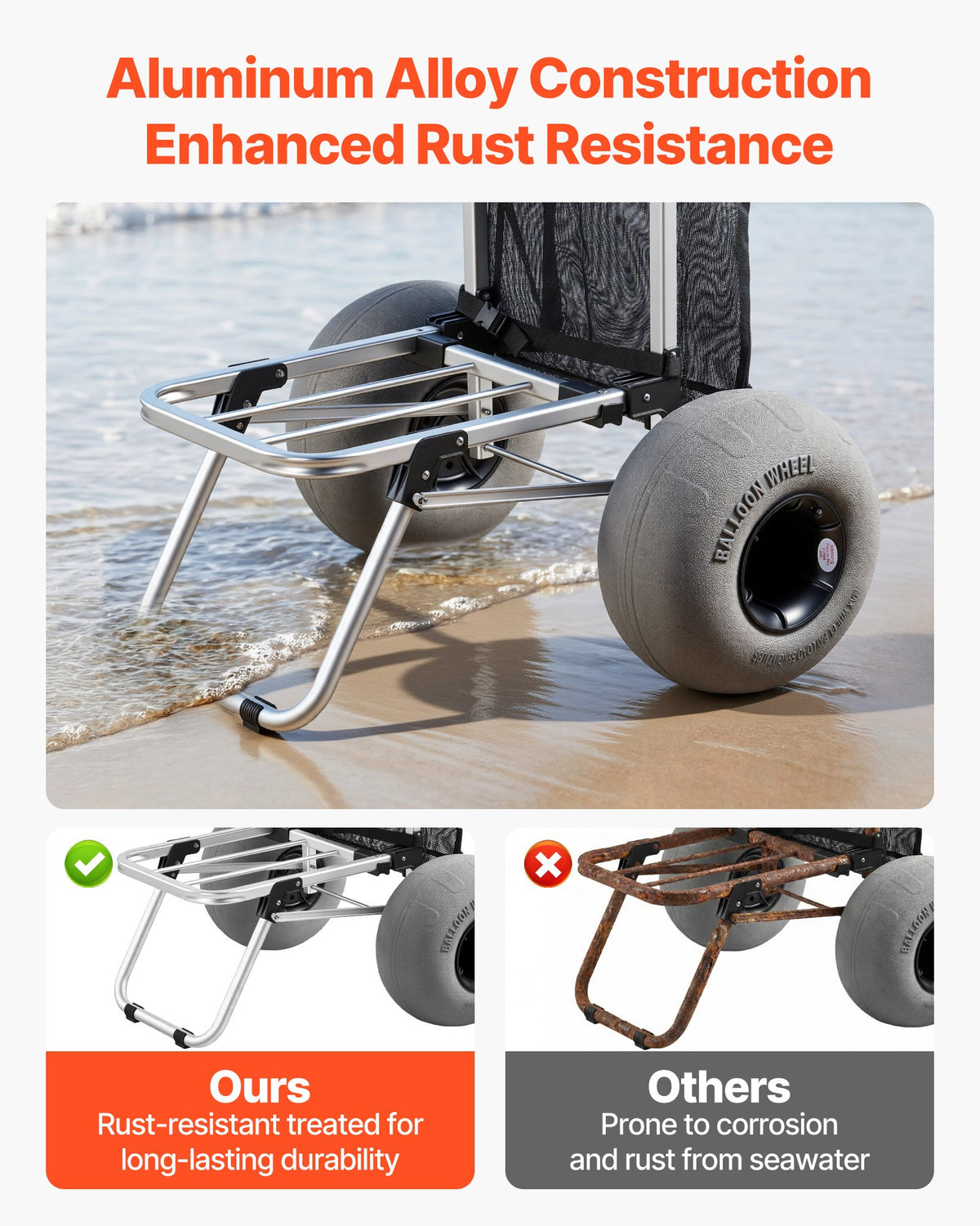 VEVOR Beach Dolly with Big Wheels for Sand, 505 x 374 mm Cargo Deck, Folding Sand Cart with 320 mm Balloon Wheels, 75 kg Load Capacity, 860-1160 mm Adjustable Height, Heavy Duty Cart for Beach Camping