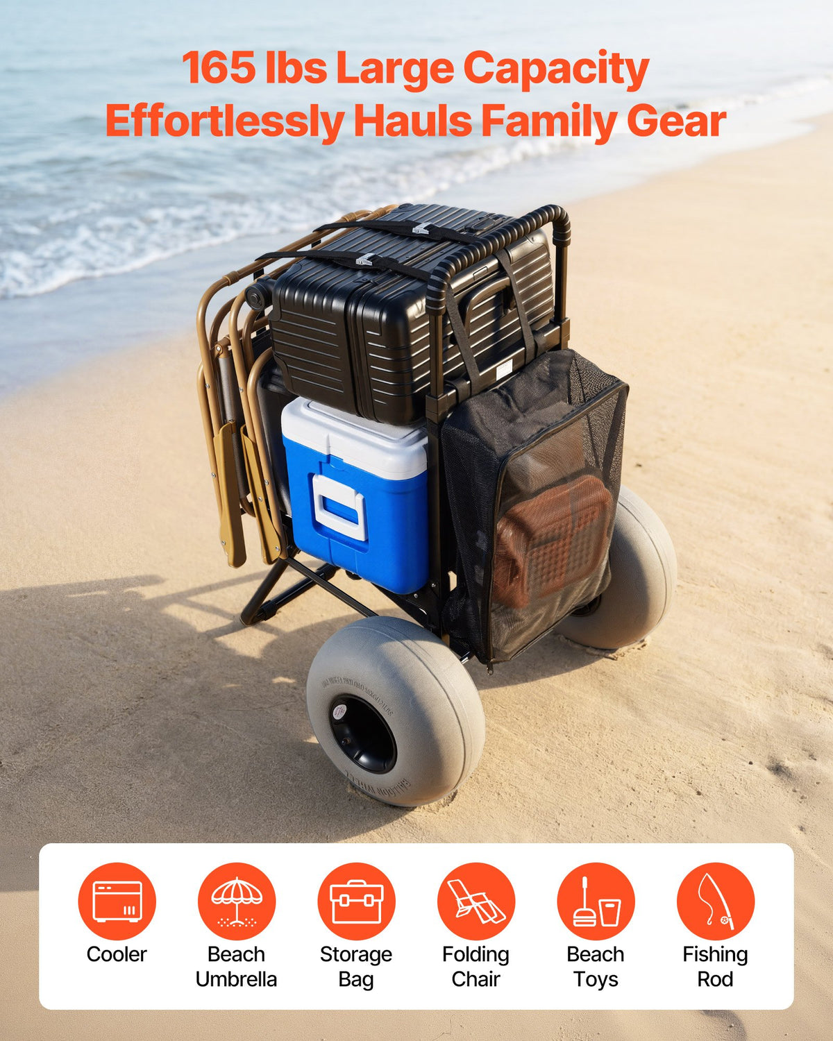 VEVOR Beach Dolly with Big Wheels for Sand, 460 x 375 mm Cargo Deck, Folding Sand Cart with 320 mm Balloon Wheels, 75 kg Load Capacity, 855-1150 mm Adjustable Height, Heavy Duty Cart for Beach Camping
