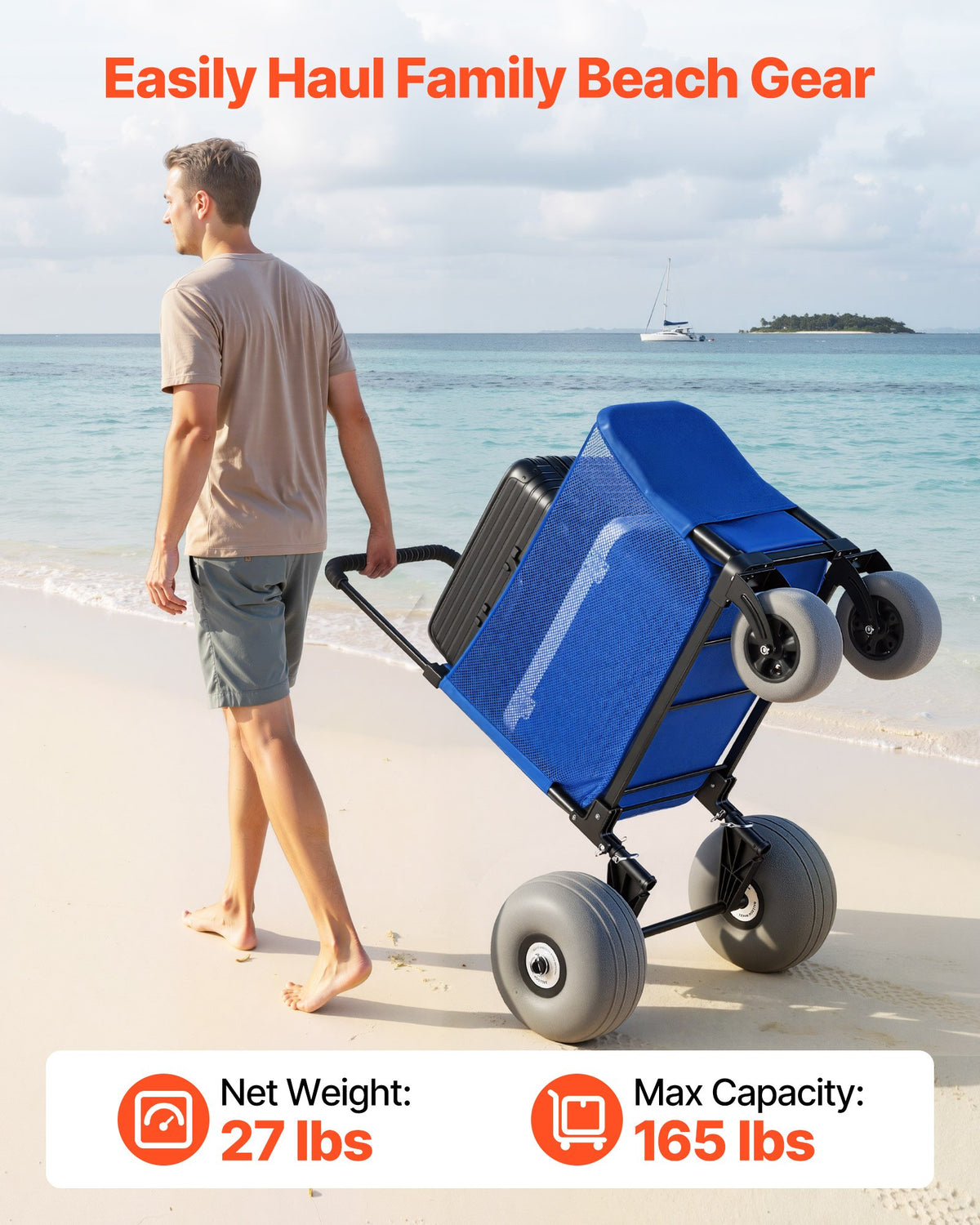VEVOR Beach Cart with Large Wheels for Sand, 75kg Load Capacity, Heavy Duty Folding Beach Wagon with 300 mm Balloon Wheels, Storage Bag, 845-1140 mm Adjustable Height, Dolly for Camping Fishing Garden