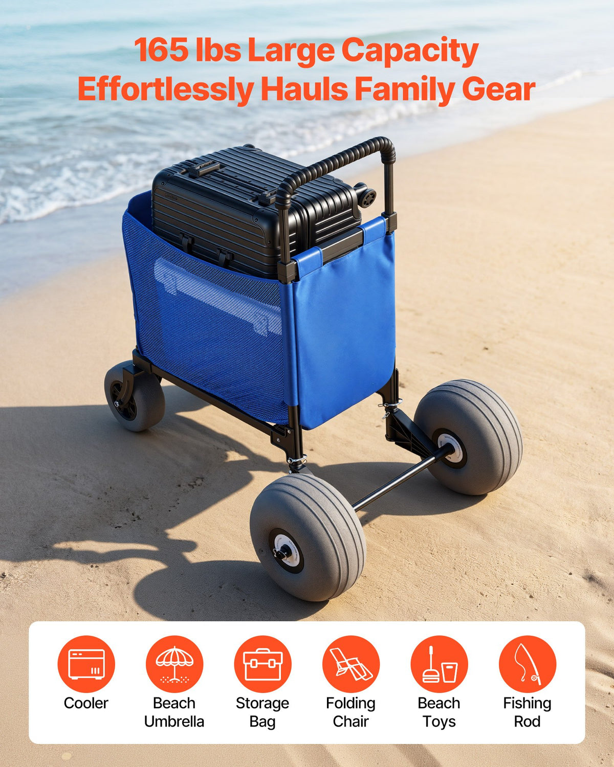 VEVOR Beach Cart with Large Wheels for Sand, 75kg Load Capacity, Heavy Duty Folding Beach Wagon with 300 mm Balloon Wheels, Storage Bag, 845-1140 mm Adjustable Height, Dolly for Camping Fishing Garden