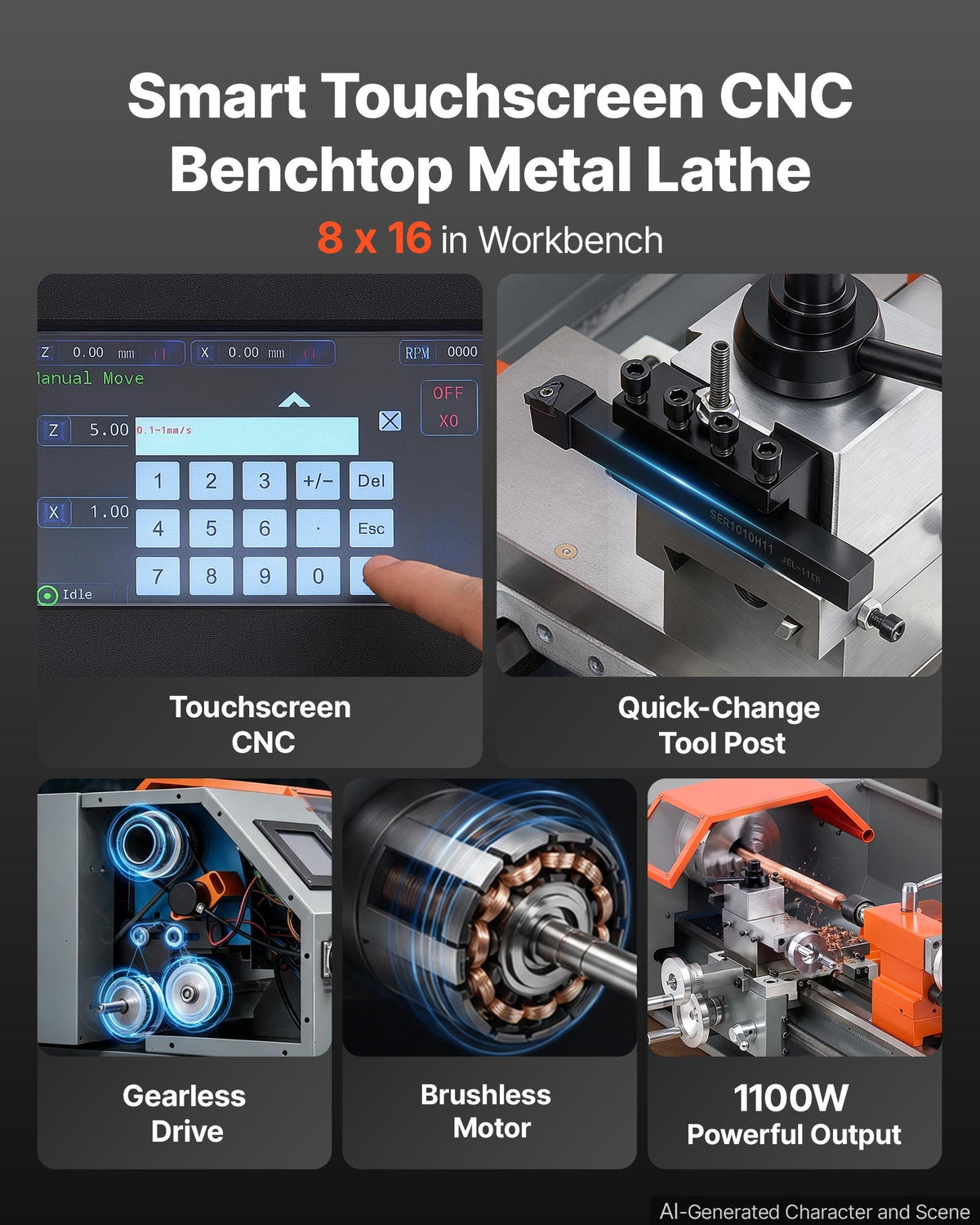 VEVOR Metal Lathe 220 x 400 mm 1100W Benchtop CNC Metal Lathe Touchscreen, for Fully Automatic Metalworking Turning, Quick-Change Tool Post, Electronic Leadscrew Drive, Variable Speed 2500 RPM Max