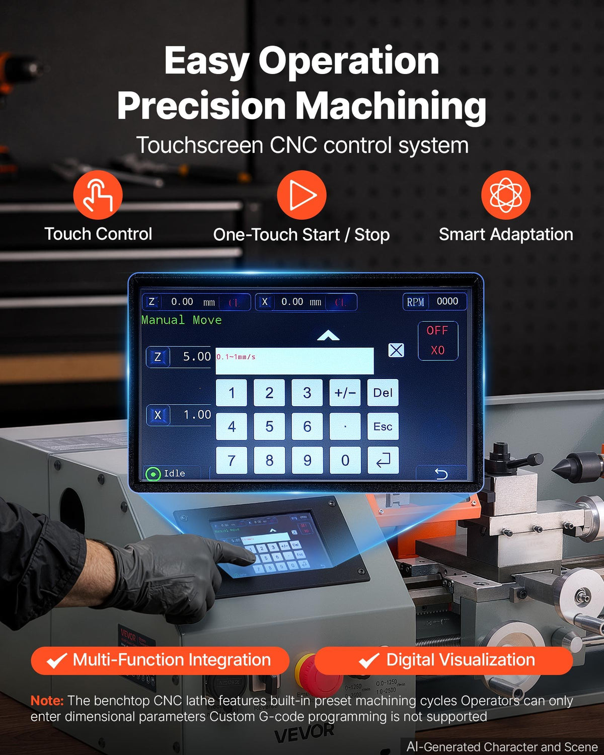 VEVOR Metal Lathe 220 x 400 mm 1100W Benchtop CNC Metal Lathe Touchscreen, for Fully Automatic Metalworking Turning, Quick-Change Tool Post, Electronic Leadscrew Drive, Variable Speed 2500 RPM Max