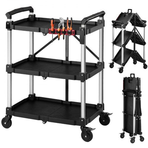 VEVOR Utility Cart, 136 kg Capacity, 3 Tier Folding Service Cart with 360° Swivel Wheels (2 with Brakes), Heavy Duty Rolling with Trays & Side Tool Holder, Tool Storage for Garage Warehouse Workshop