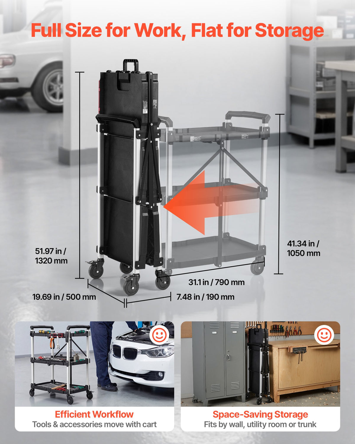 VEVOR Utility Cart, 136 kg Capacity, 3 Tier Folding Service Cart with 360° Swivel Wheels (2 with Brakes), Heavy Duty Rolling with Trays & Side Tool Holder, Tool Storage for Garage Warehouse Workshop