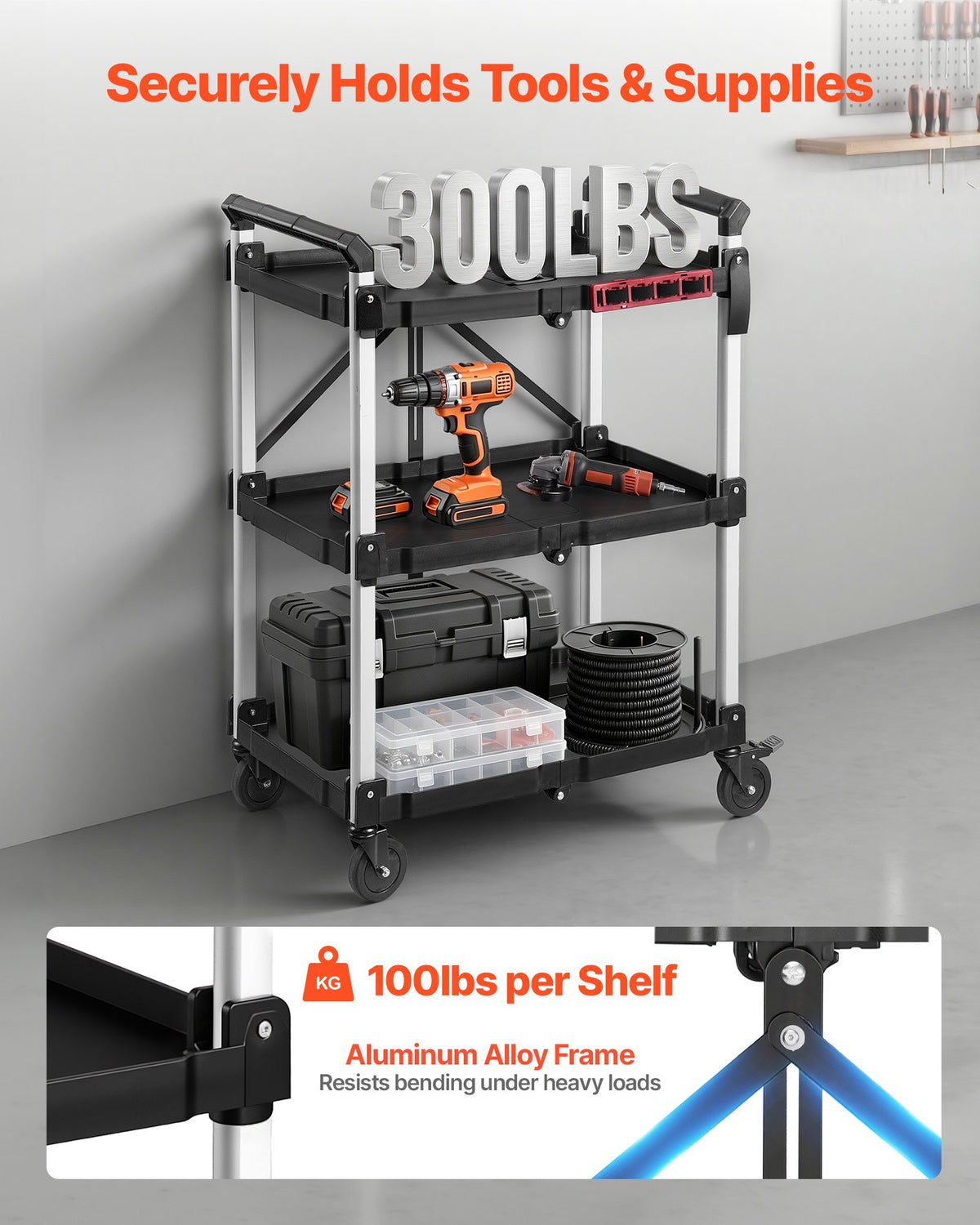 VEVOR Utility Cart, 136 kg Capacity, 3 Tier Folding Service Cart with 360° Swivel Wheels (2 with Brakes), Heavy Duty Rolling with Trays & Side Tool Holder, Tool Storage for Garage Warehouse Workshop