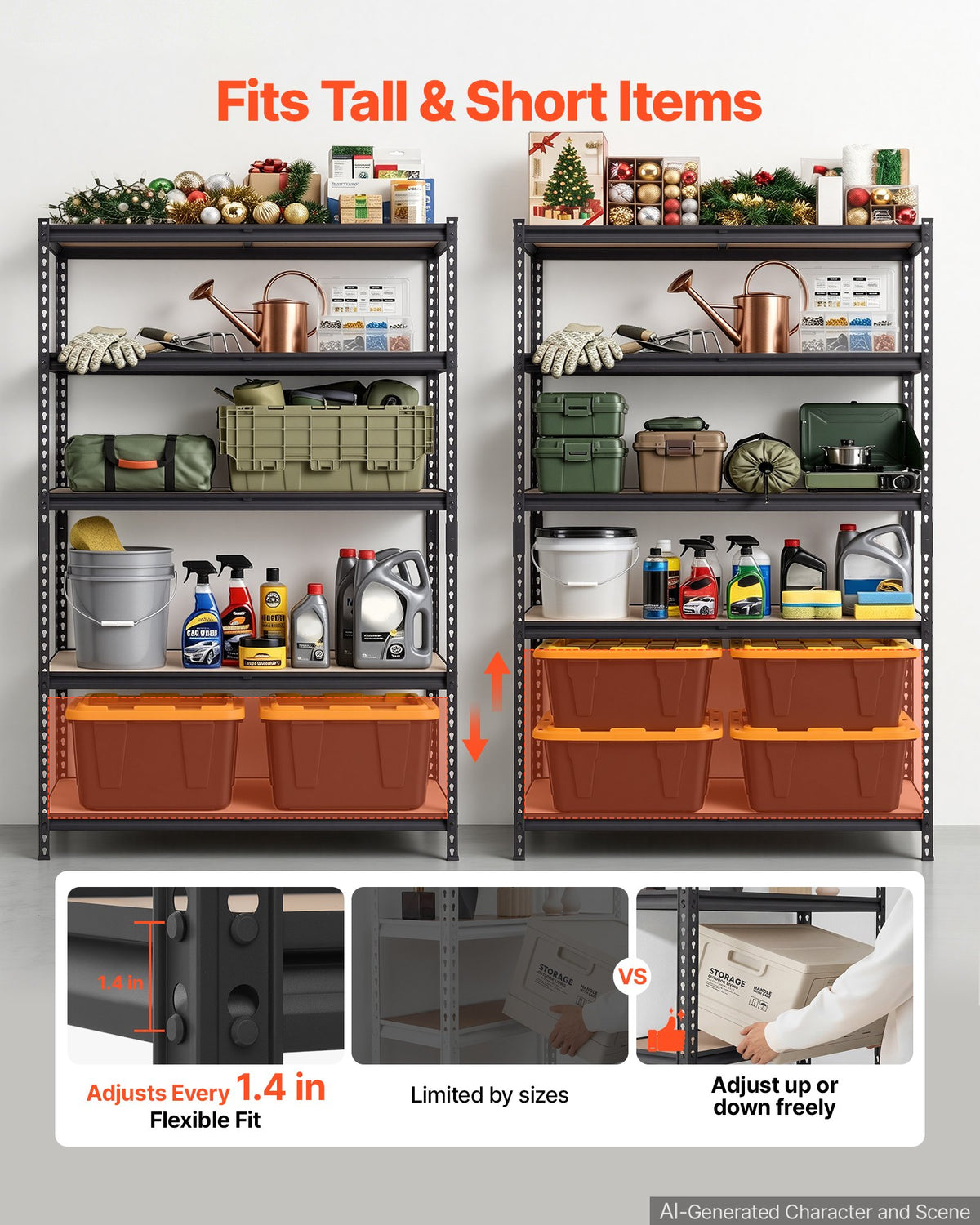 VEVOR Storage Shelves, 5-Tier Adjustable, 907.2 kg Capacity, Heavy Duty Garage Storage Shelving Unit, Metal Utility Rack Shelf, for Garage Warehouse Basement Kitchen, 1228 mm W x 459 mm D x 1813 mm H
