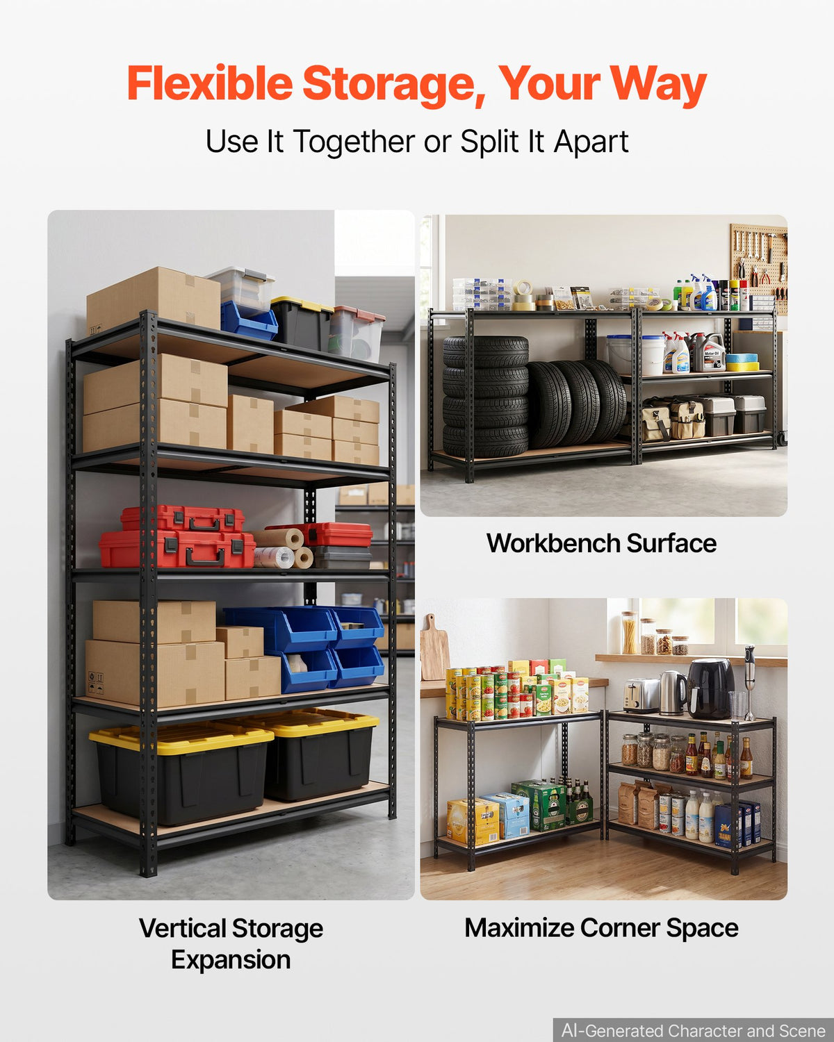 VEVOR Storage Shelves, 5-Tier Adjustable, 907.2 kg Capacity, Heavy Duty Garage Storage Shelving Unit, Metal Utility Rack Shelf, for Garage Warehouse Basement Kitchen, 1228 mm W x 459 mm D x 1813 mm H