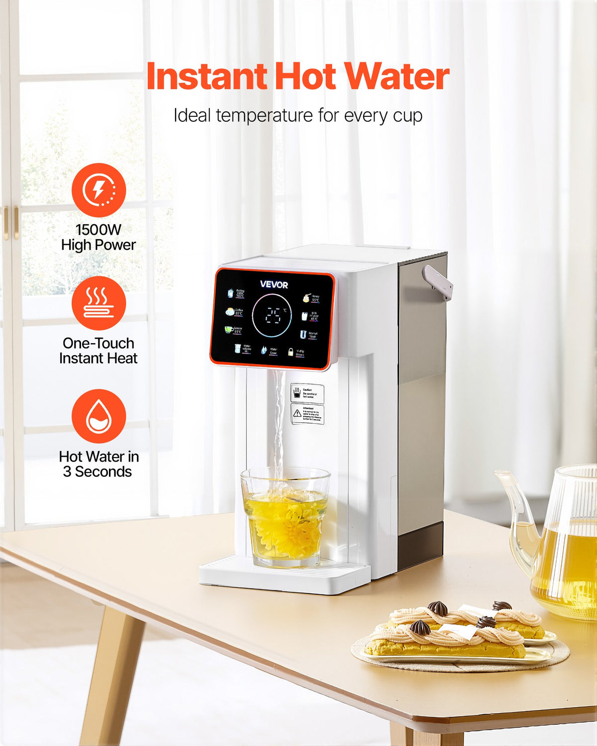 VEVOR Instant Hot Water Dispenser, Countertop Boiling Water Dispenser with Adjustable 6 Temps & 8 Water Volumes, 101oz(3L) Removable Water Tank, Quick Heating with Touchscreen & Child Lock for Home