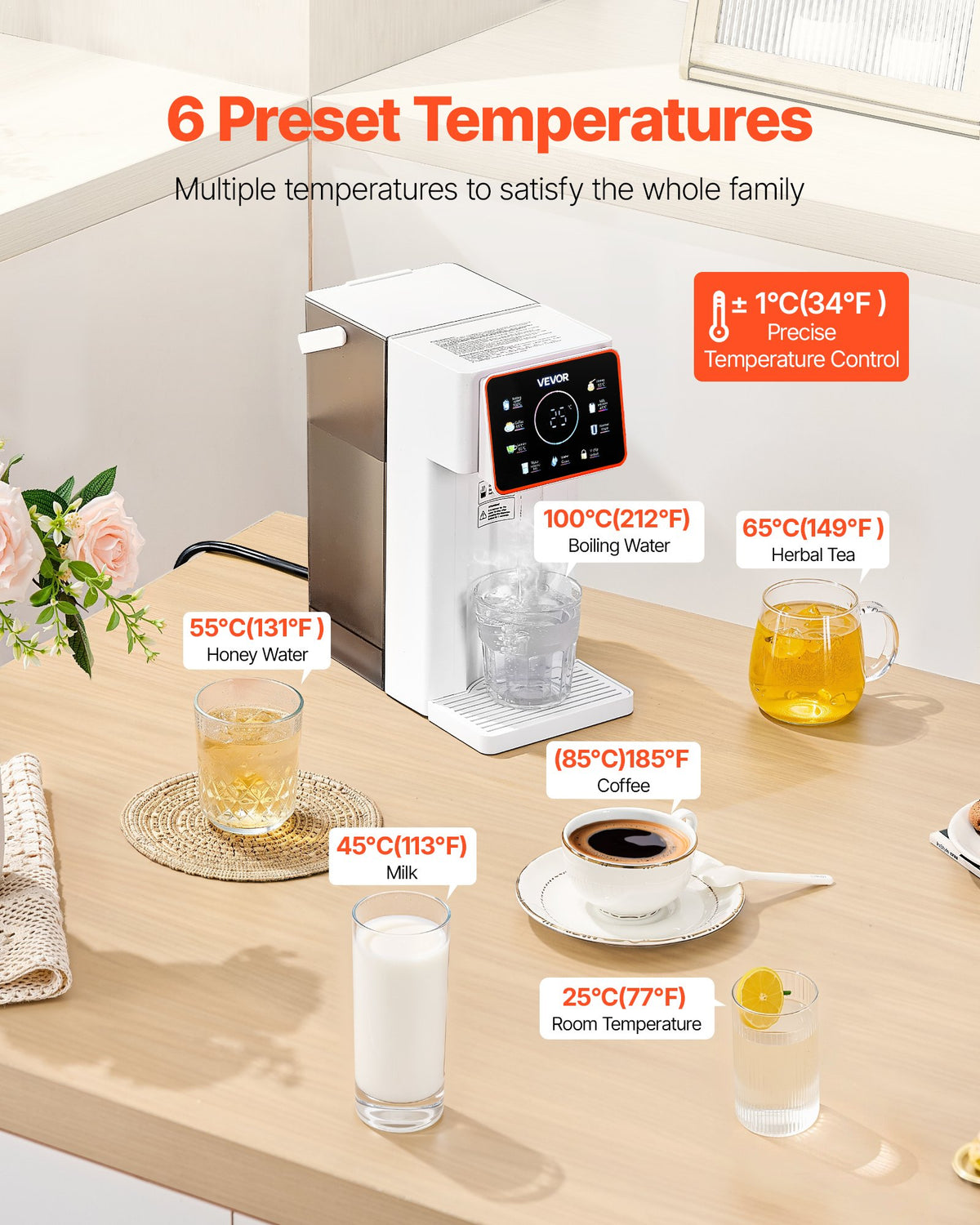 VEVOR Instant Hot Water Dispenser, Countertop Boiling Water Dispenser with Adjustable 6 Temps & 8 Water Volumes, 101oz(3L) Removable Water Tank, Quick Heating with Touchscreen & Child Lock for Home