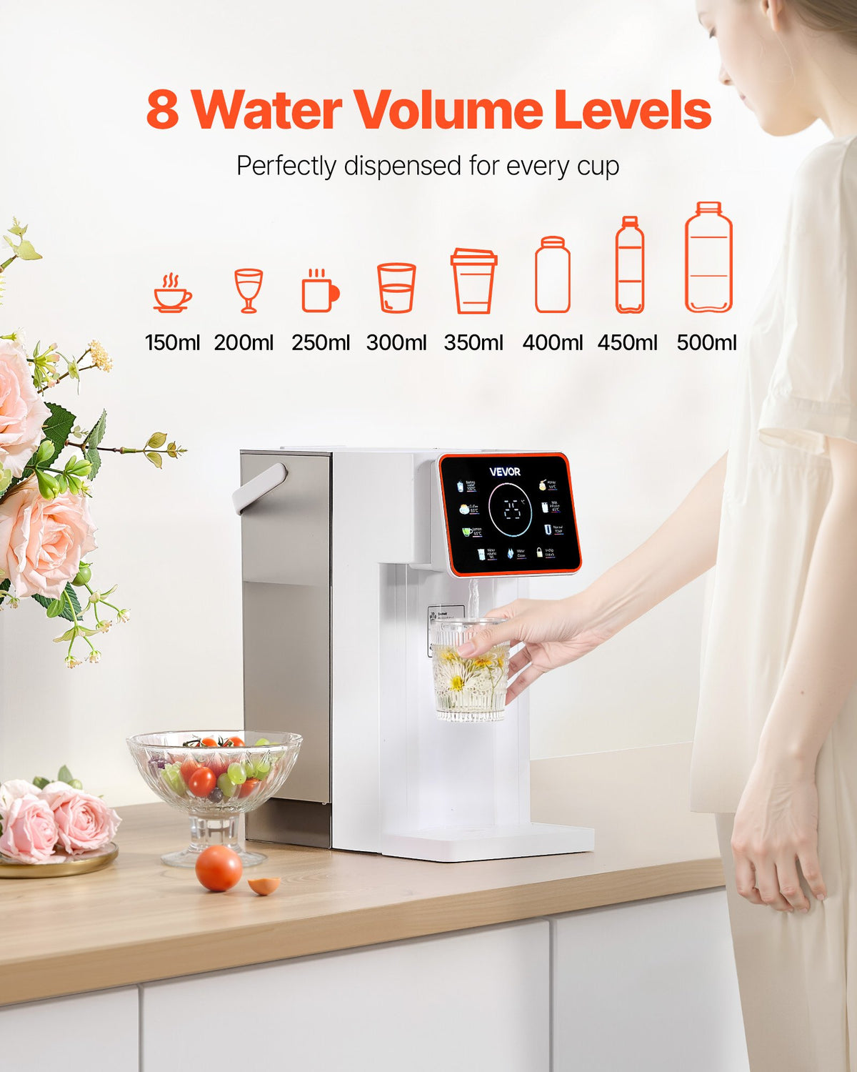 VEVOR Instant Hot Water Dispenser, Countertop Boiling Water Dispenser with Adjustable 6 Temps & 8 Water Volumes, 101oz(3L) Removable Water Tank, Quick Heating with Touchscreen & Child Lock for Home