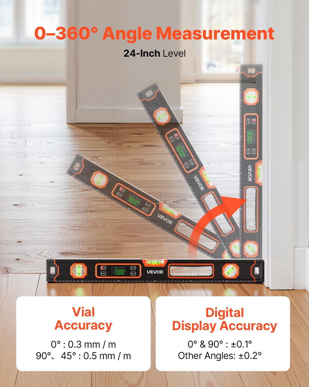 VEVOR Digital Level, 600 mm, Magnetic Electronic Level with LED Backlit Display, 360° Electronic Leveler Tool with 0°/45°/90° Bubble Vials, IP54 Rating for Construction Carpentry Home Renovation