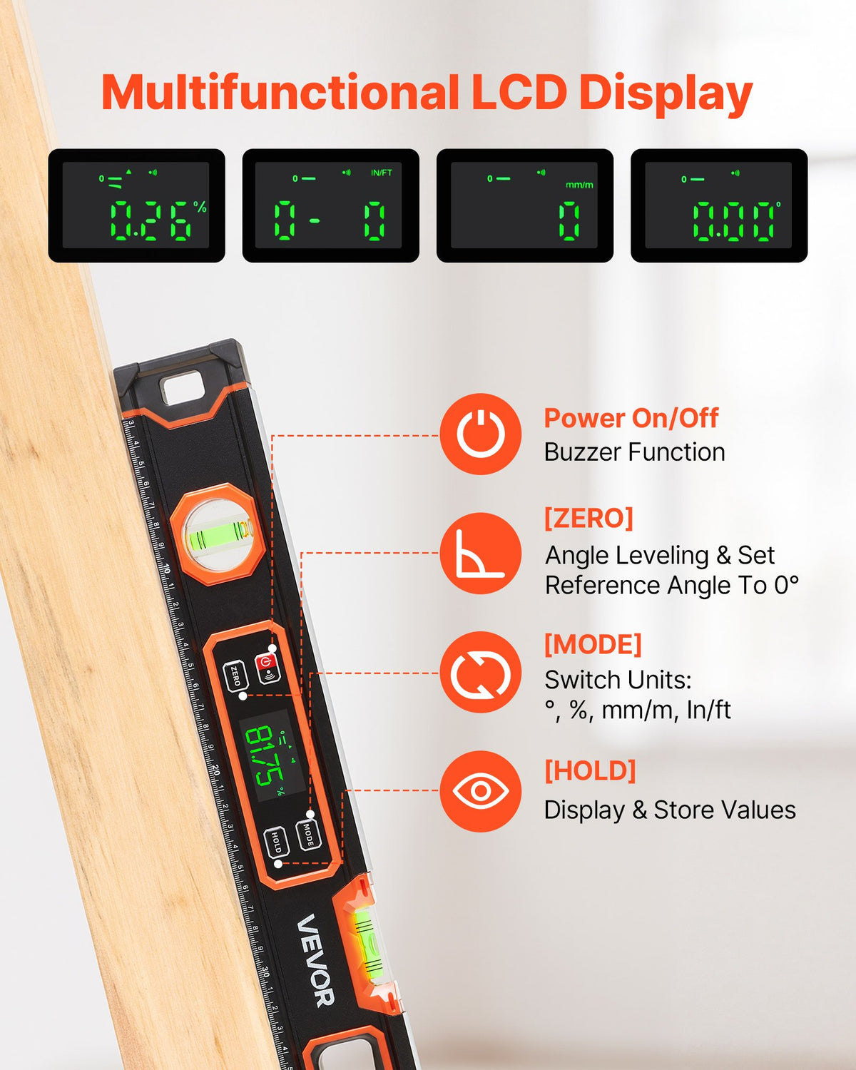 VEVOR Digital Level, 600 mm, Magnetic Electronic Level with LED Backlit Display, 360° Electronic Leveler Tool with 0°/45°/90° Bubble Vials, IP54 Rating for Construction Carpentry Home Renovation