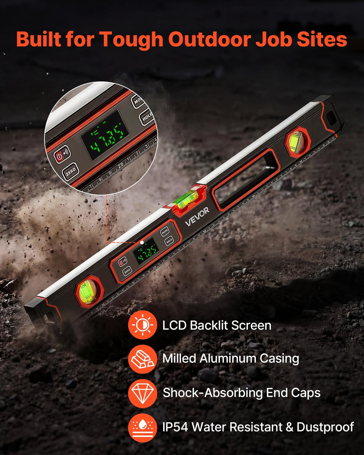 VEVOR Digital Level, 600 mm, Magnetic Electronic Level with LED Backlit Display, 360° Electronic Leveler Tool with 0°/45°/90° Bubble Vials, IP54 Rating for Construction Carpentry Home Renovation